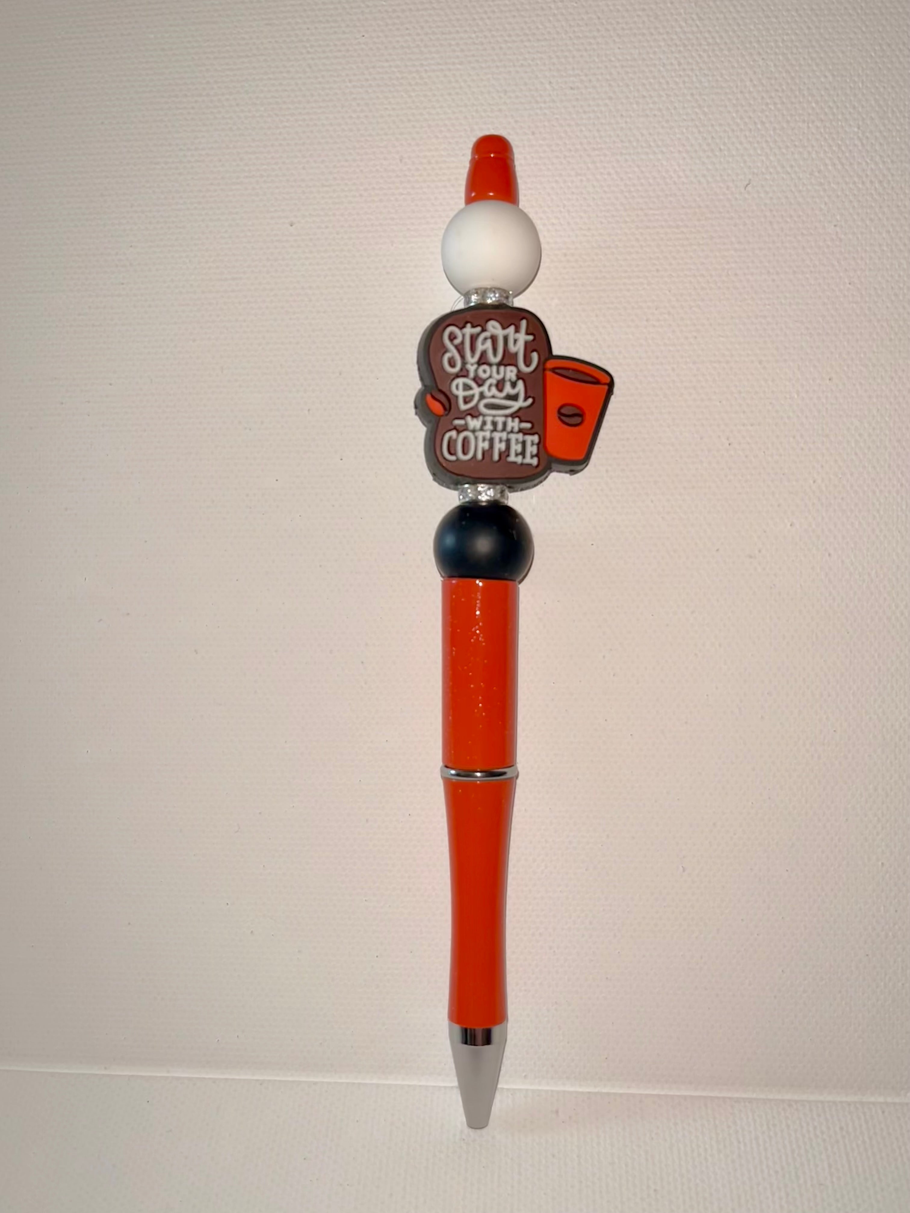 "Start Your Day with Coffee" Orange Ballpoint Pen w/Rhinestone Accents