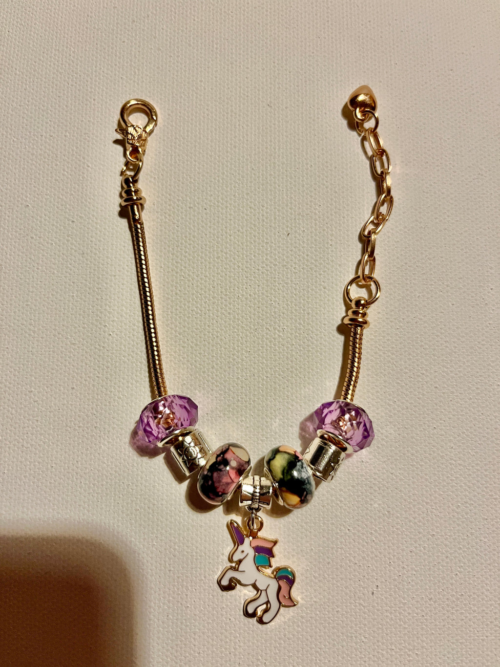 Gold-Tone Snake Chain Charm Bracelet w/Enamel Unicorn Charm & Purple Accents