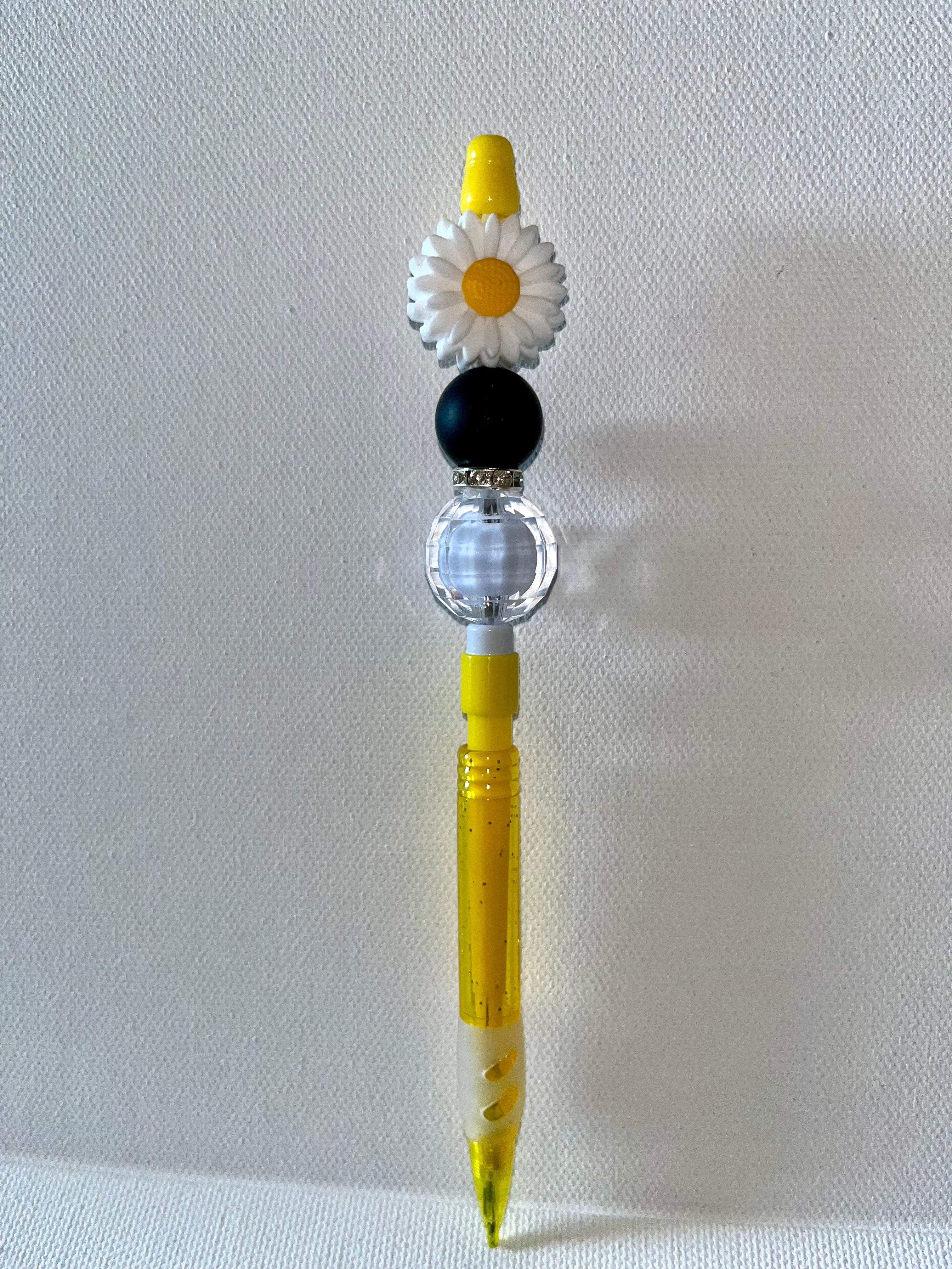 Yellow Daisy Refillable Mechanical Pencil w/Rhinestone Accents, Sphere & Black
