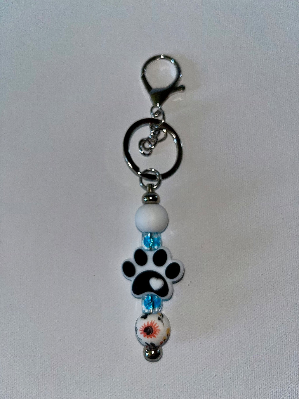 White & Black Pawprint Charm Keychain w/Blue Glass Beads & Flower Decor Accents