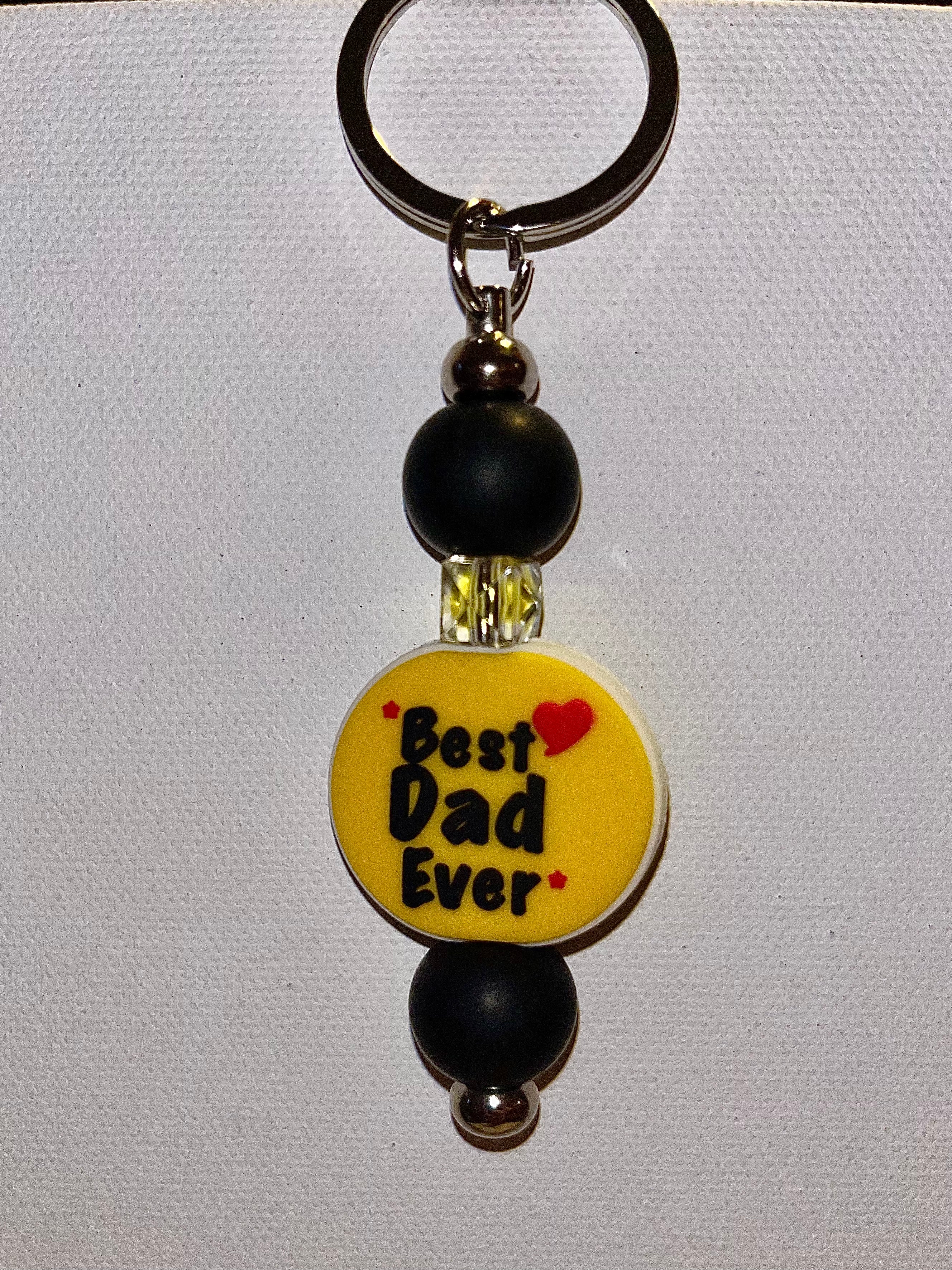‘Best Dad Ever’ Yellow Charm w/Red Heart & Yellow Faceted Accent Beaded Keychain