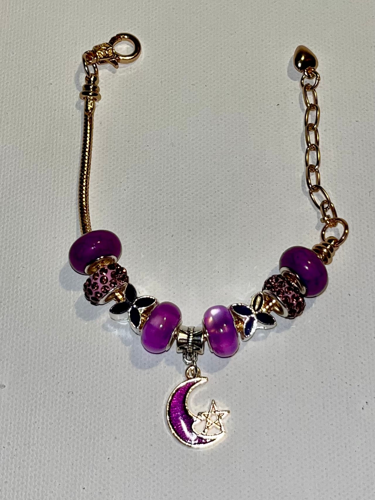 Gold-Tone Snake Chain Purple Moon & Star Charm Bracelet w/Silver & Rhinestone