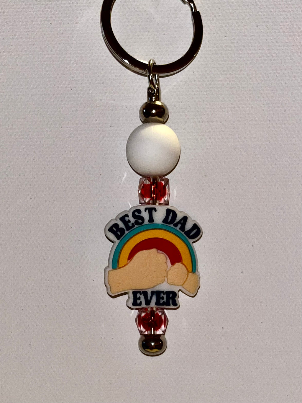 ‘Best Dad Ever’ Fist Pump Keychain w/Multicolor Accent White & Faceted Red Beads