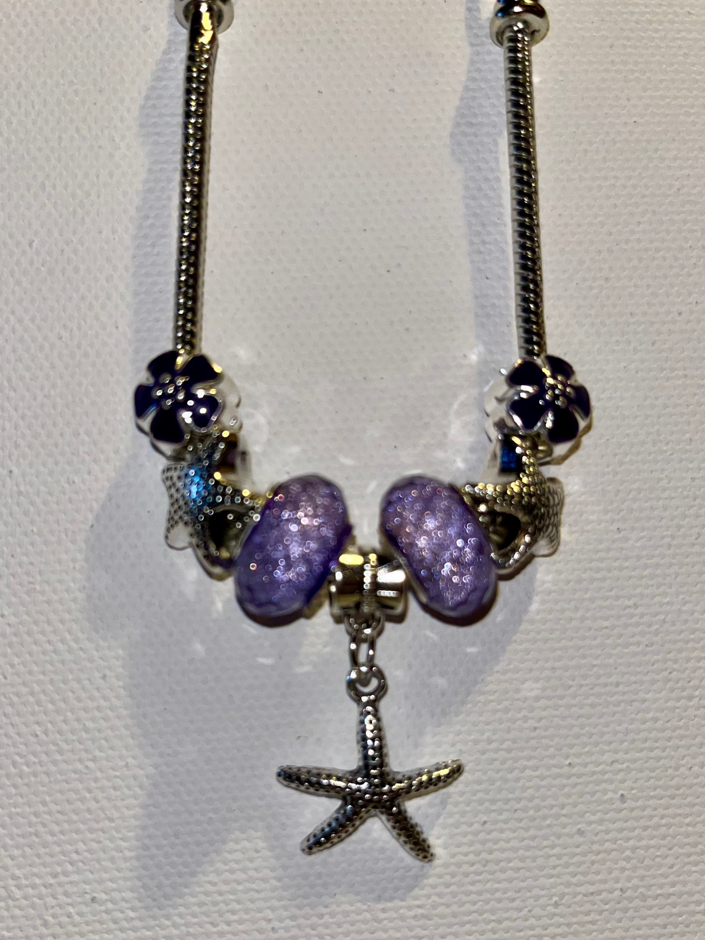 Silver Snake Chain Purple Druzy Bead, Flower & Starfish Charm Bracelet