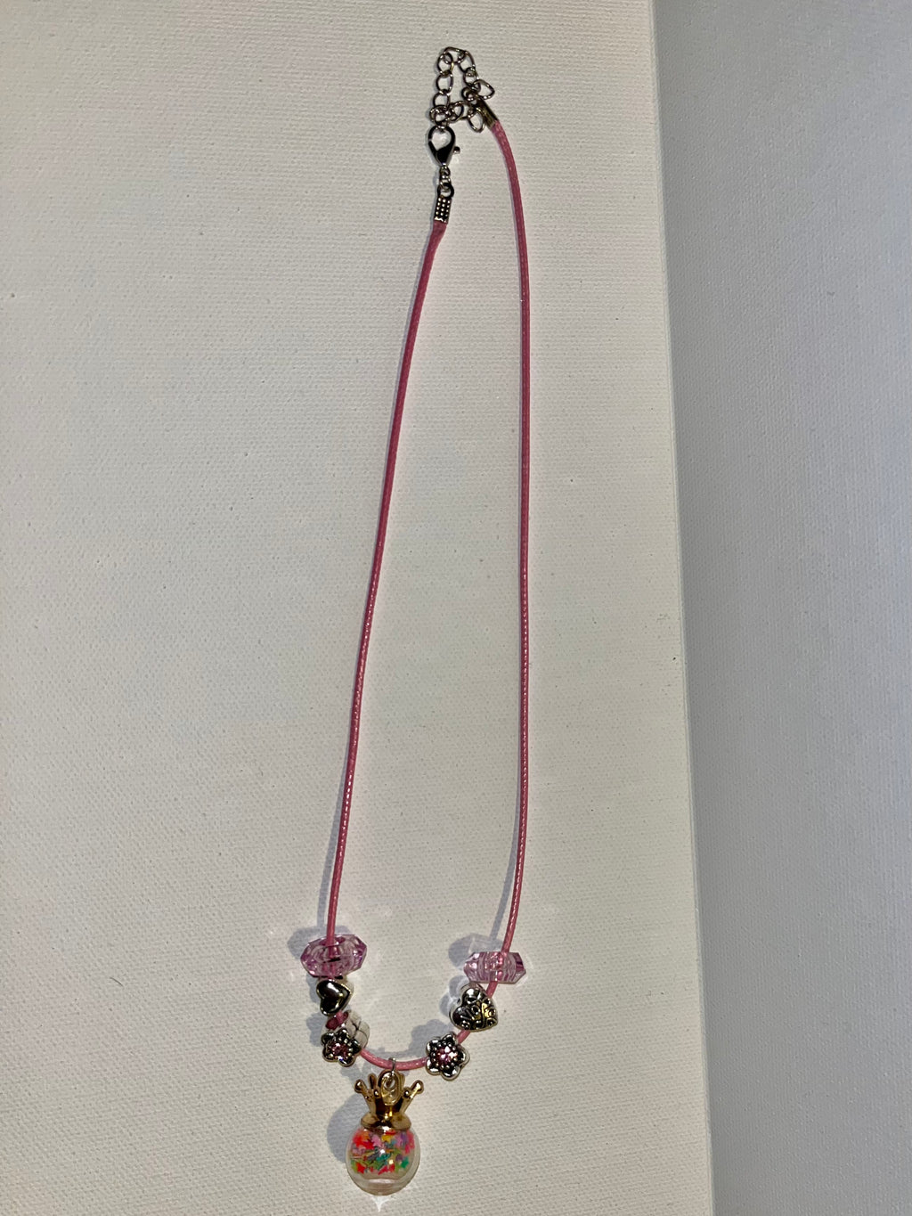 Pink Crown Pendant Beaded Necklace w/Hearts, Flowers Charms w/Rhinestone Accents