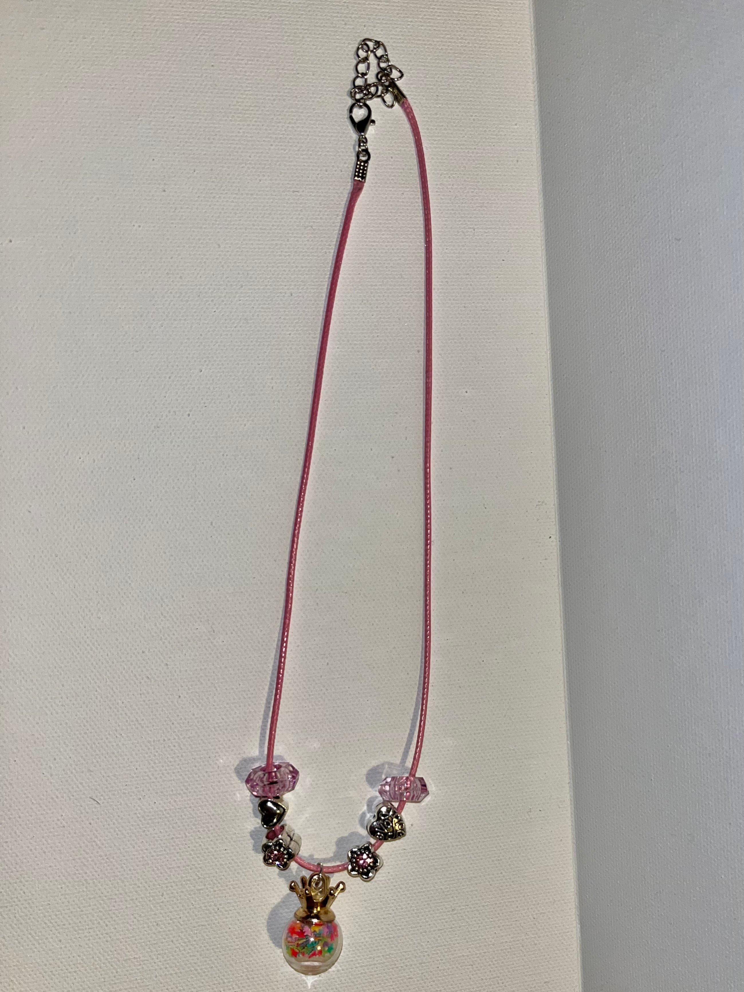 Pink Crown Pendant Beaded Necklace w/Hearts, Flowers Charms w/Rhinestone Accents