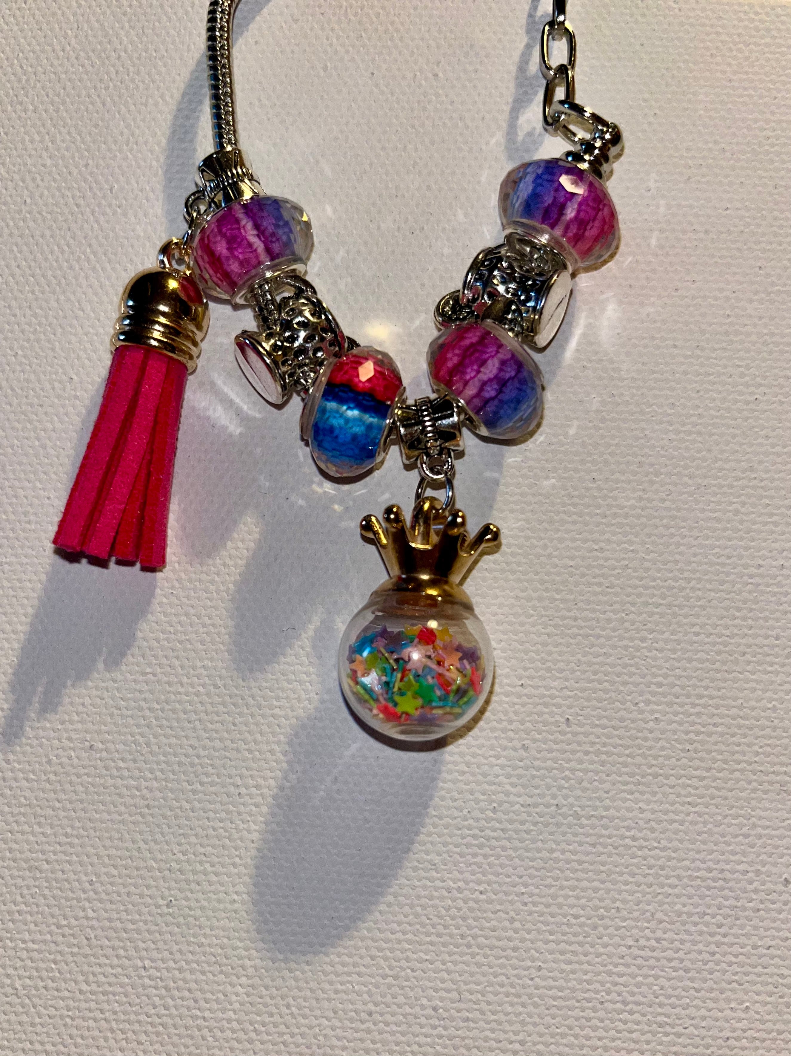 Silver Snake Chain Bracelet w/Crown & Drink Charms, Multicolored Beads & Tassel