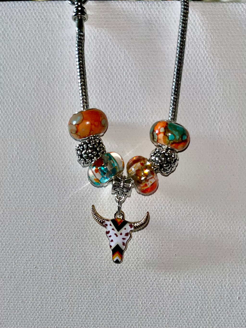 Silver Snake Chain Charm Bracelet w/Orange &amp; Turquoise Glass Beads &amp; Steer Charm