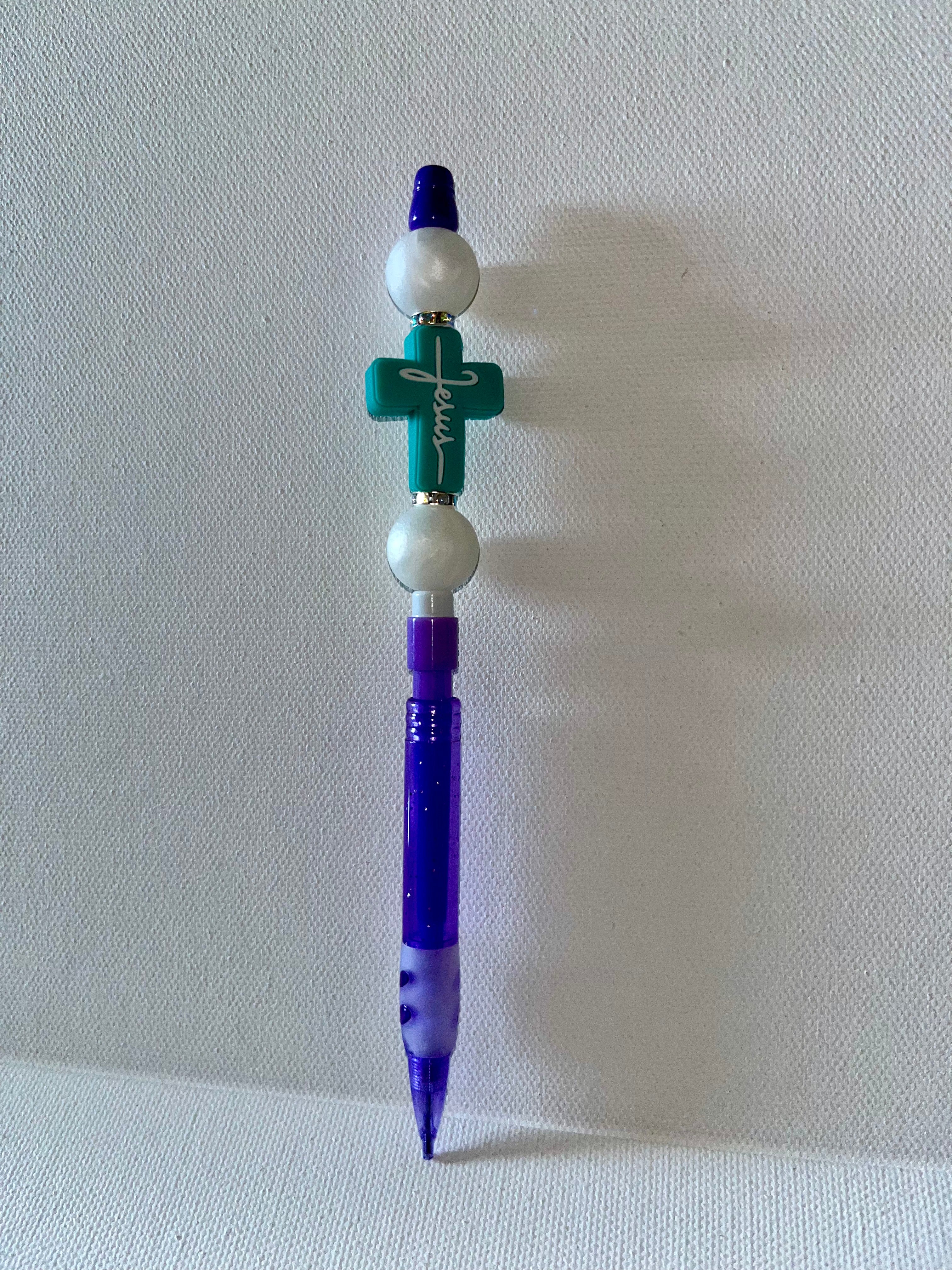 Purple Mechanical Pencil w/Turquoise “Jesus” Cross & Pearl & Rhinestone Accents