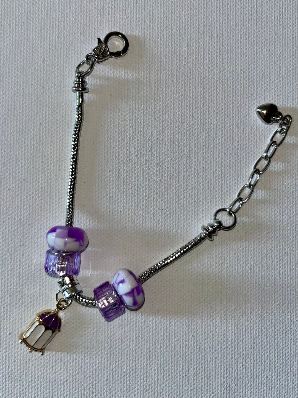 Purple & White Glass Bead Silver Snake Chain Bracelet w/Enamel Birdcage Charm