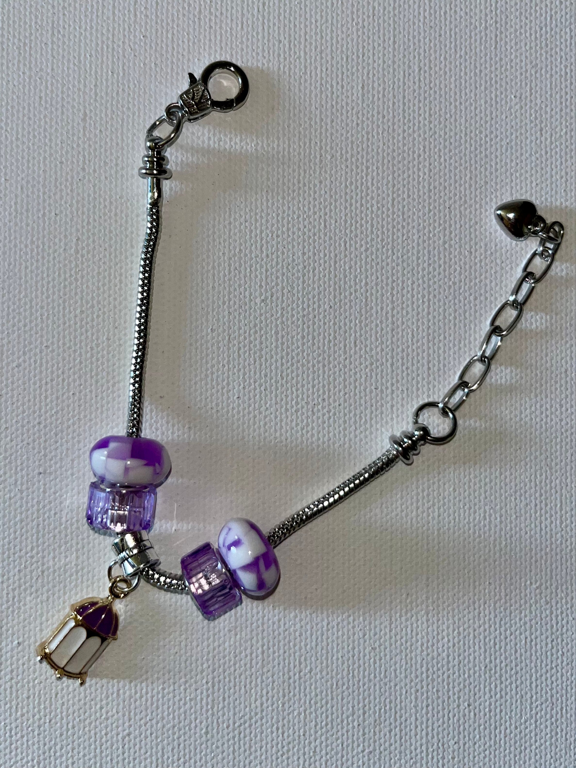 Purple & White Glass Bead Silver Snake Chain Bracelet w/Enamel Birdcage Charm