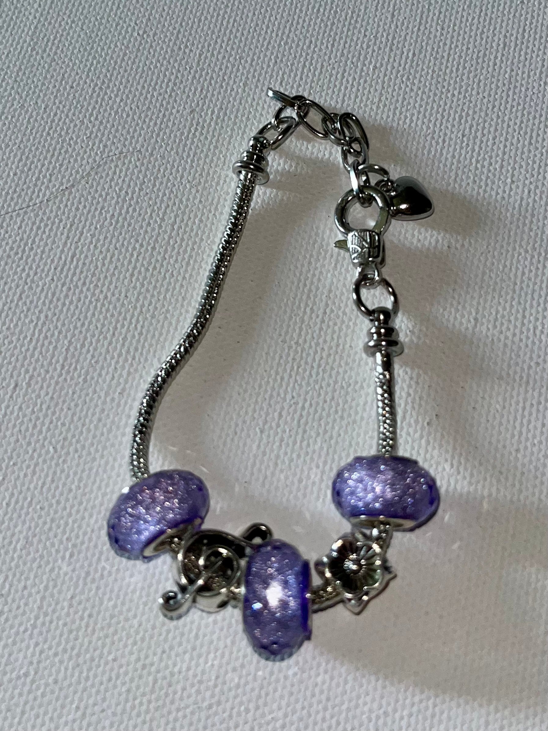 Silver Snake Chain Charm Bracelet w/Sparkly Lavender Accents & Silver Charms