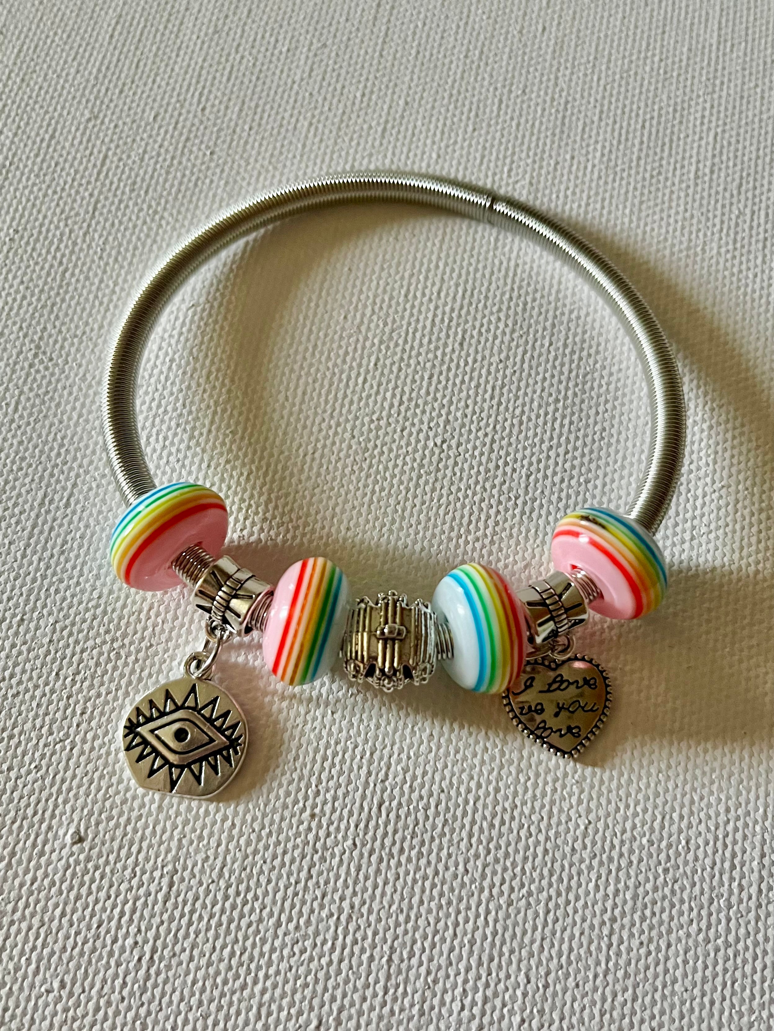 Silver Bracelet with Rainbow Glass Beads and Charms