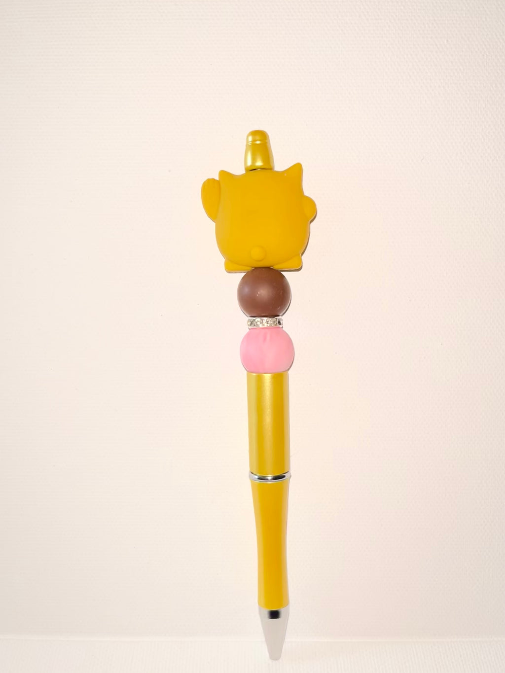 Yellow Cat-Topped Ballpoint Pen with Pink, Brown & Rhinestone Accents