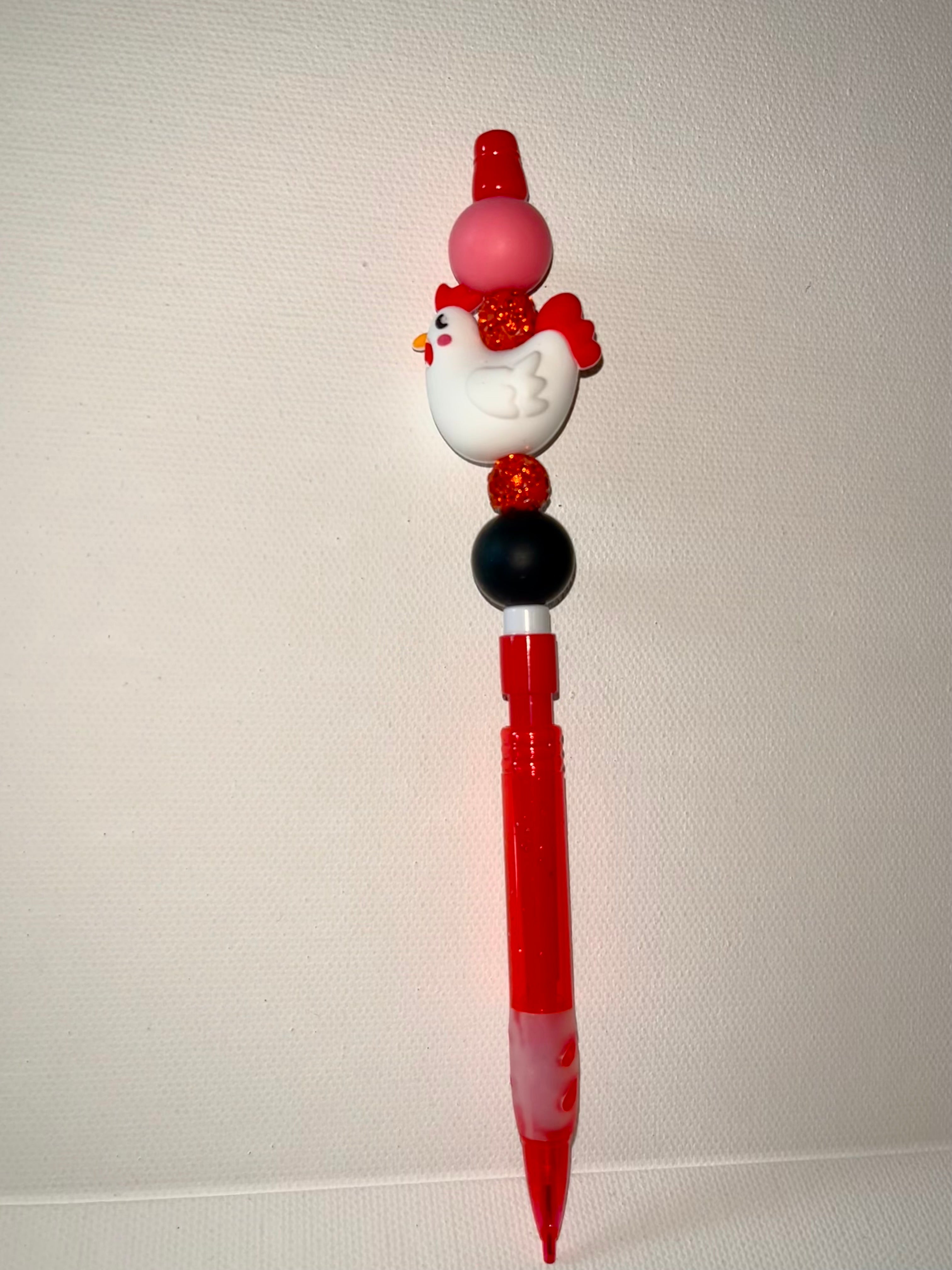 Red Mechanical Pencil w/Rooster Topper & Sparkly Red Rondelle Bead Accents