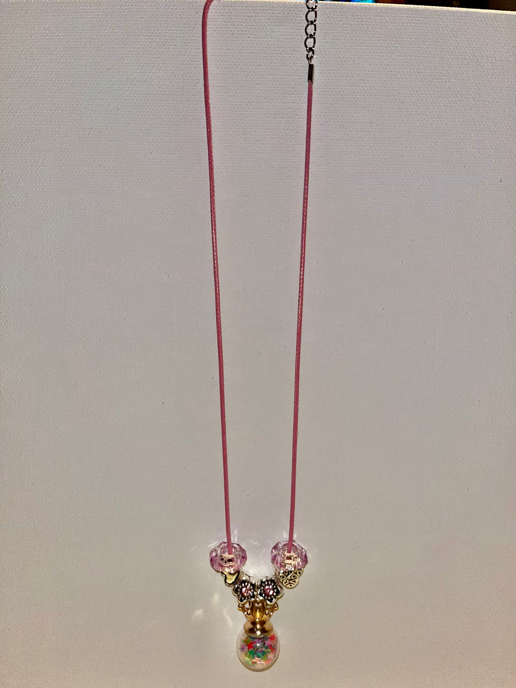 Pink Cord Beaded Drop Necklace w/Crown, Heart & Flower Charms w/Pink Glass Beads