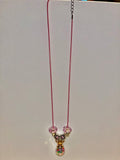 Pink Cord Beaded Drop Necklace w/Crown, Heart & Flower Charms w/Pink Glass Beads
