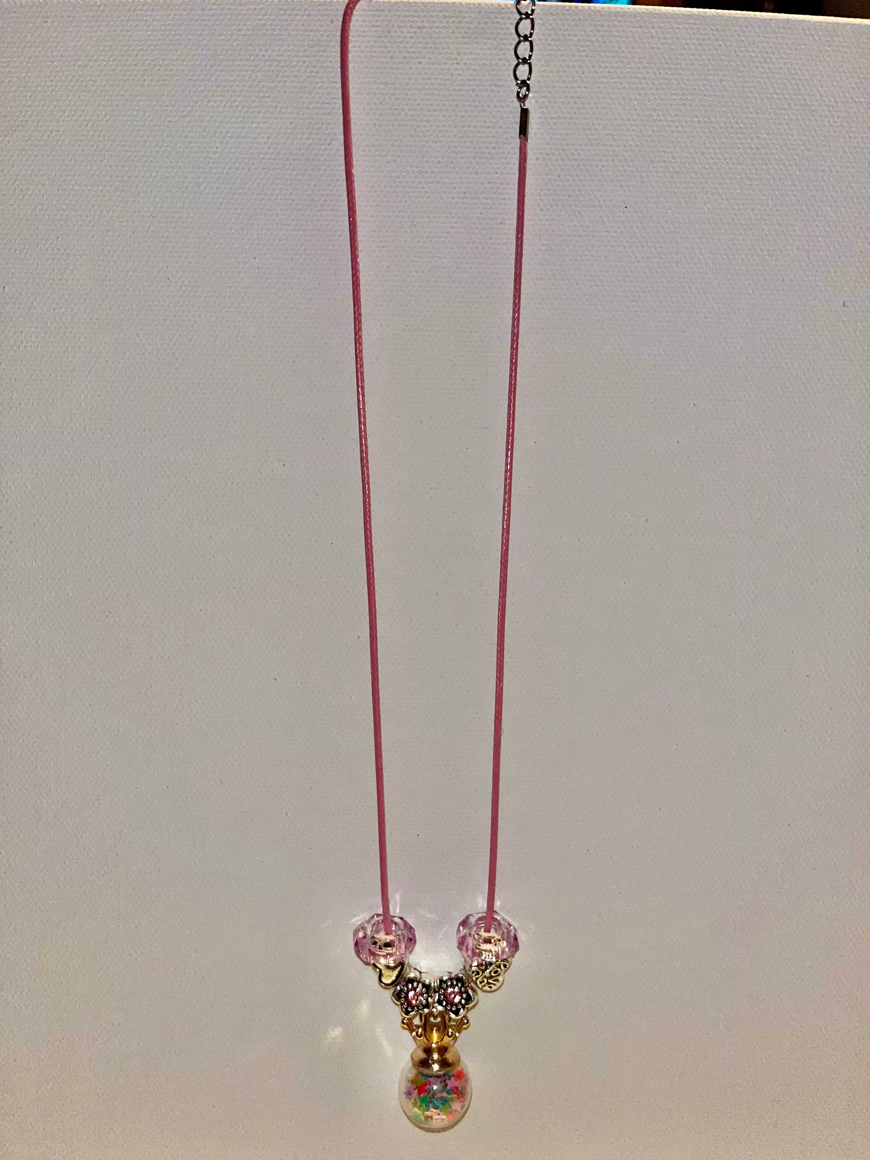 Pink Cord Beaded Drop Necklace w/Crown, Heart & Flower Charms w/Pink Glass Beads