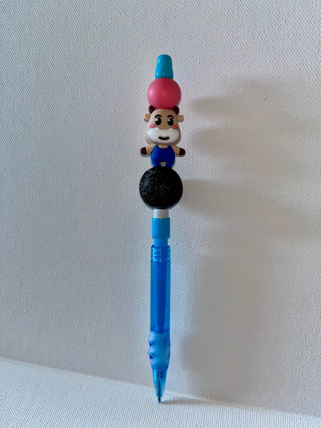 Glittery Blue Mechanical Pencil w/Cow, Black Sparkly Sphere & Pink Accent Beads