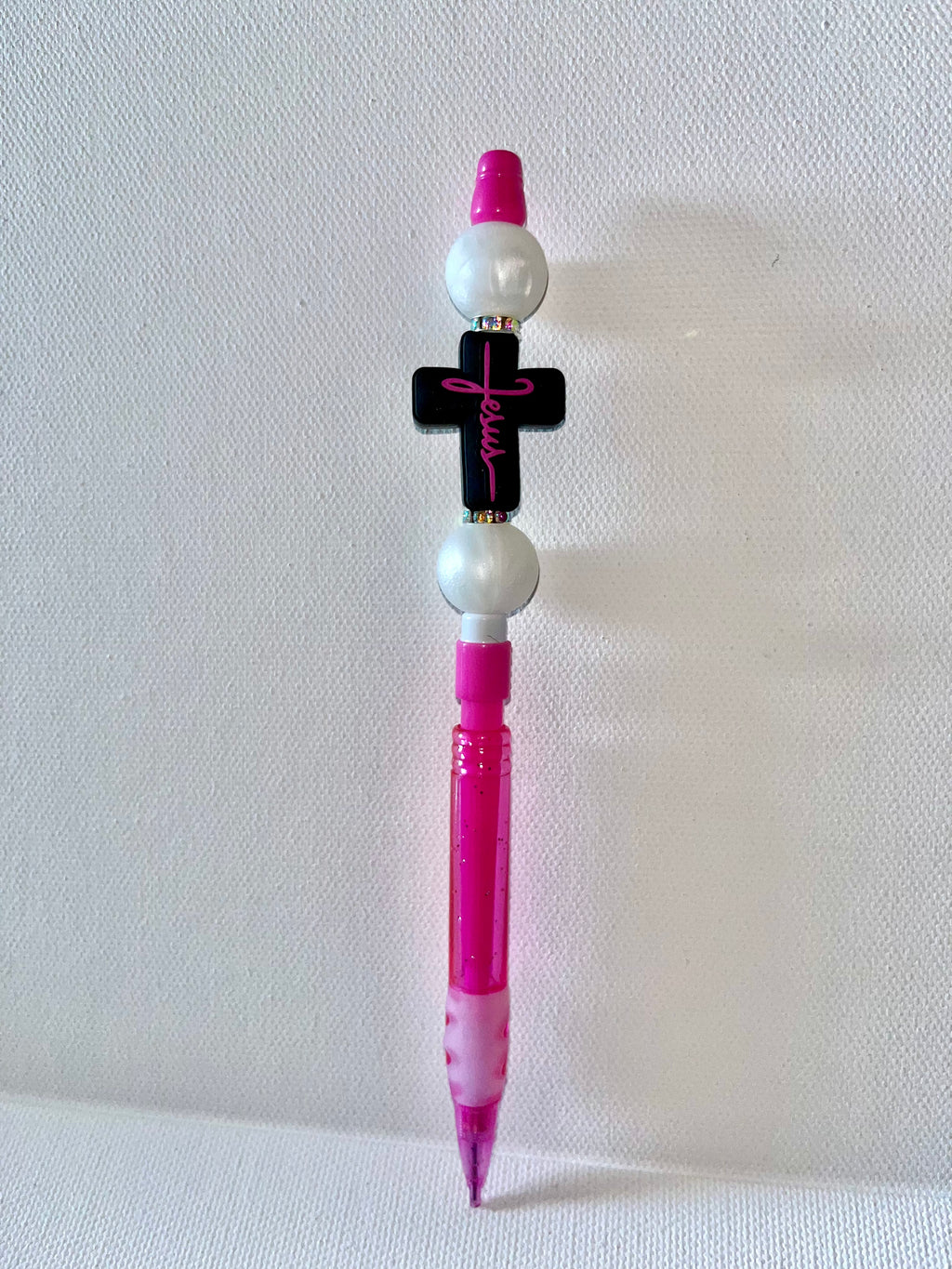 Pink Beaded Cross “Jesus” Mechanical Pencil with Pearl & Rhinestone Accents