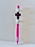 Pink Beaded Cross “Jesus” Mechanical Pencil with Pearl & Rhinestone Accents