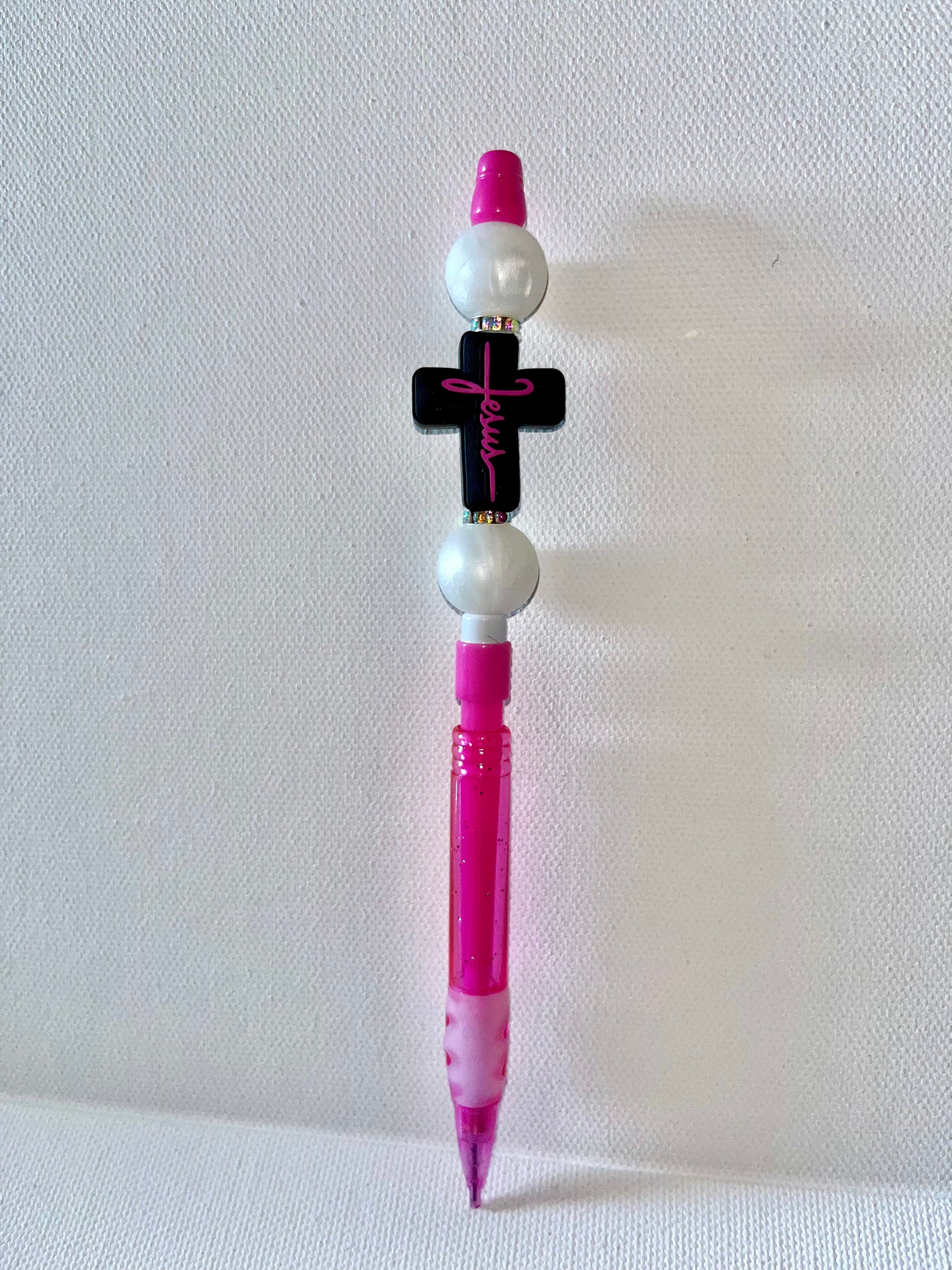 Pink Beaded Cross “Jesus” Mechanical Pencil with Pearl & Rhinestone Accents