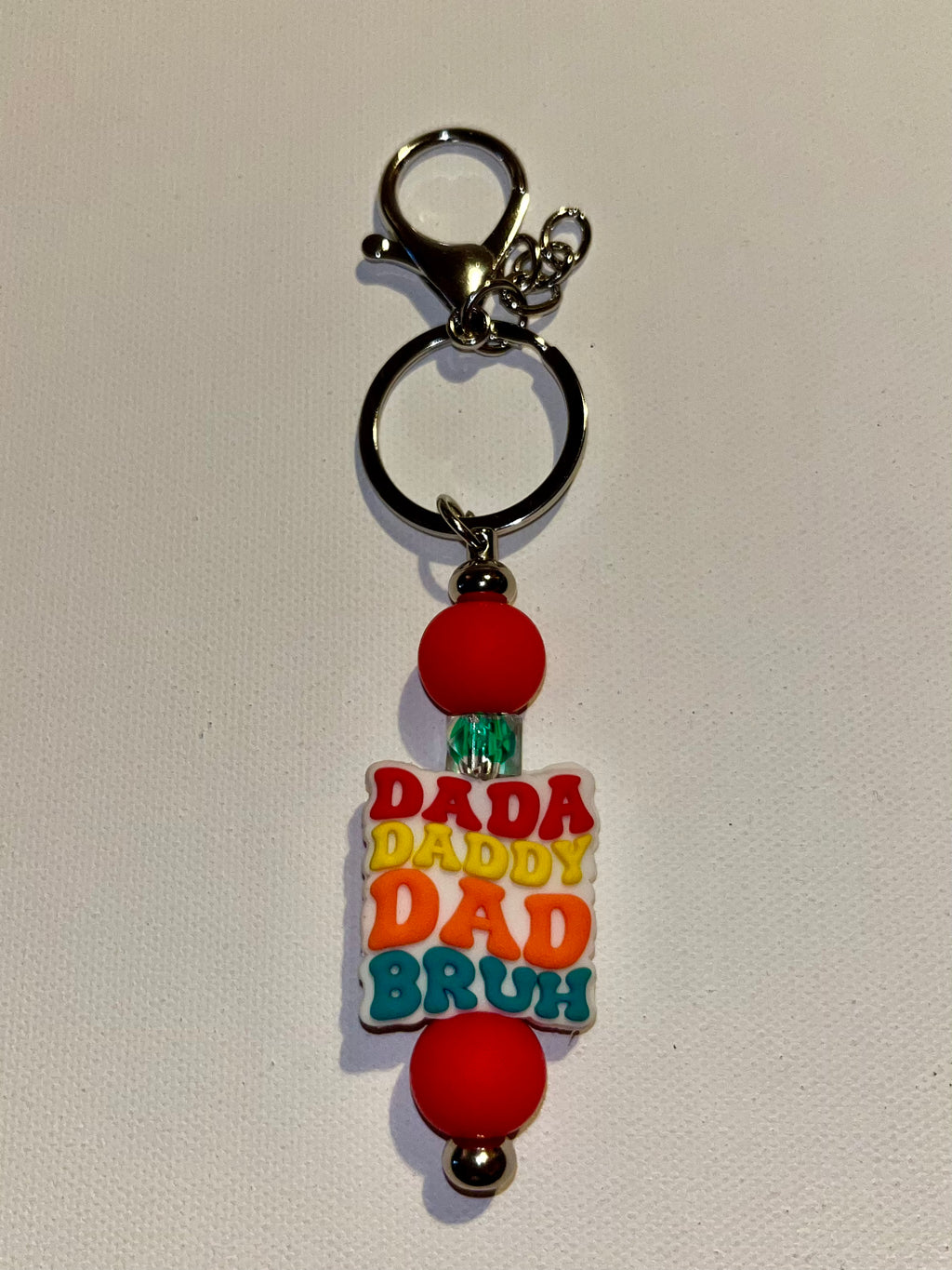Multicolor 'DADA DADDY DAD BRUH' Beaded w/Green Faceted Beaded Keychain