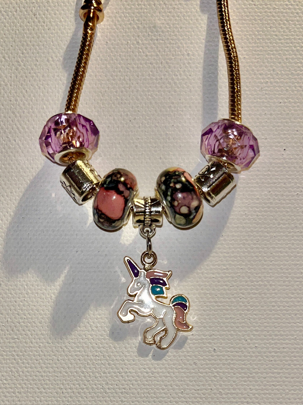 Gold-Tone Snake Chain Charm Bracelet w/Enamel Unicorn Charm & Purple Accents