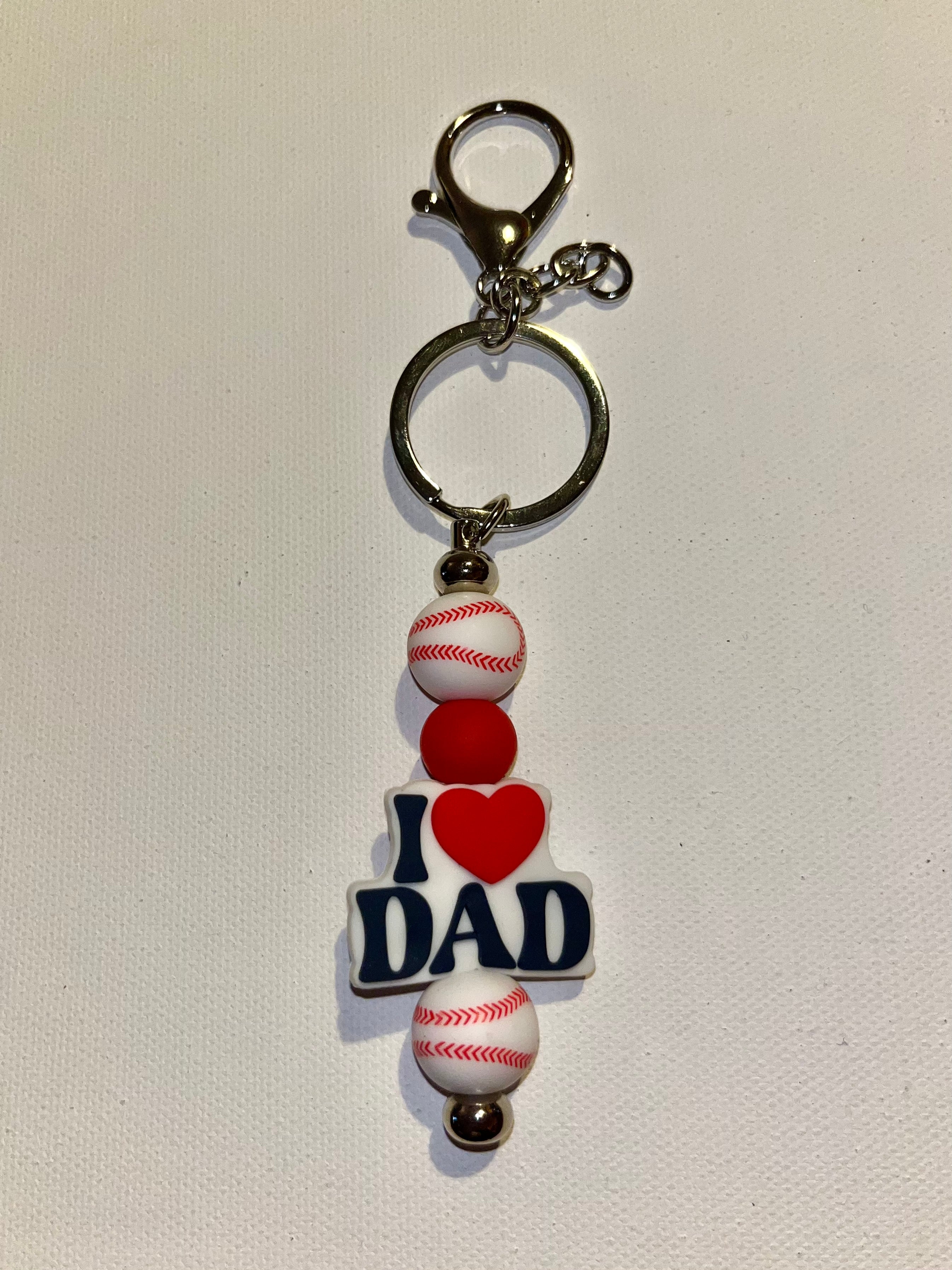 ‘I HEART Dad’ Keychain w/Red & White Baseball Beads & Red Accent Bead