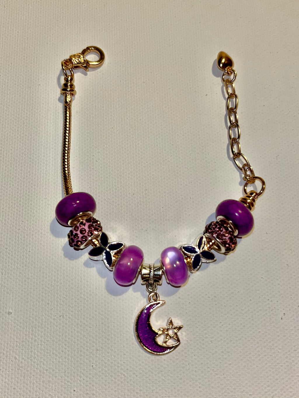 Gold-Tone Snake Chain Purple Moon & Star Charm Bracelet w/Silver & Rhinestone