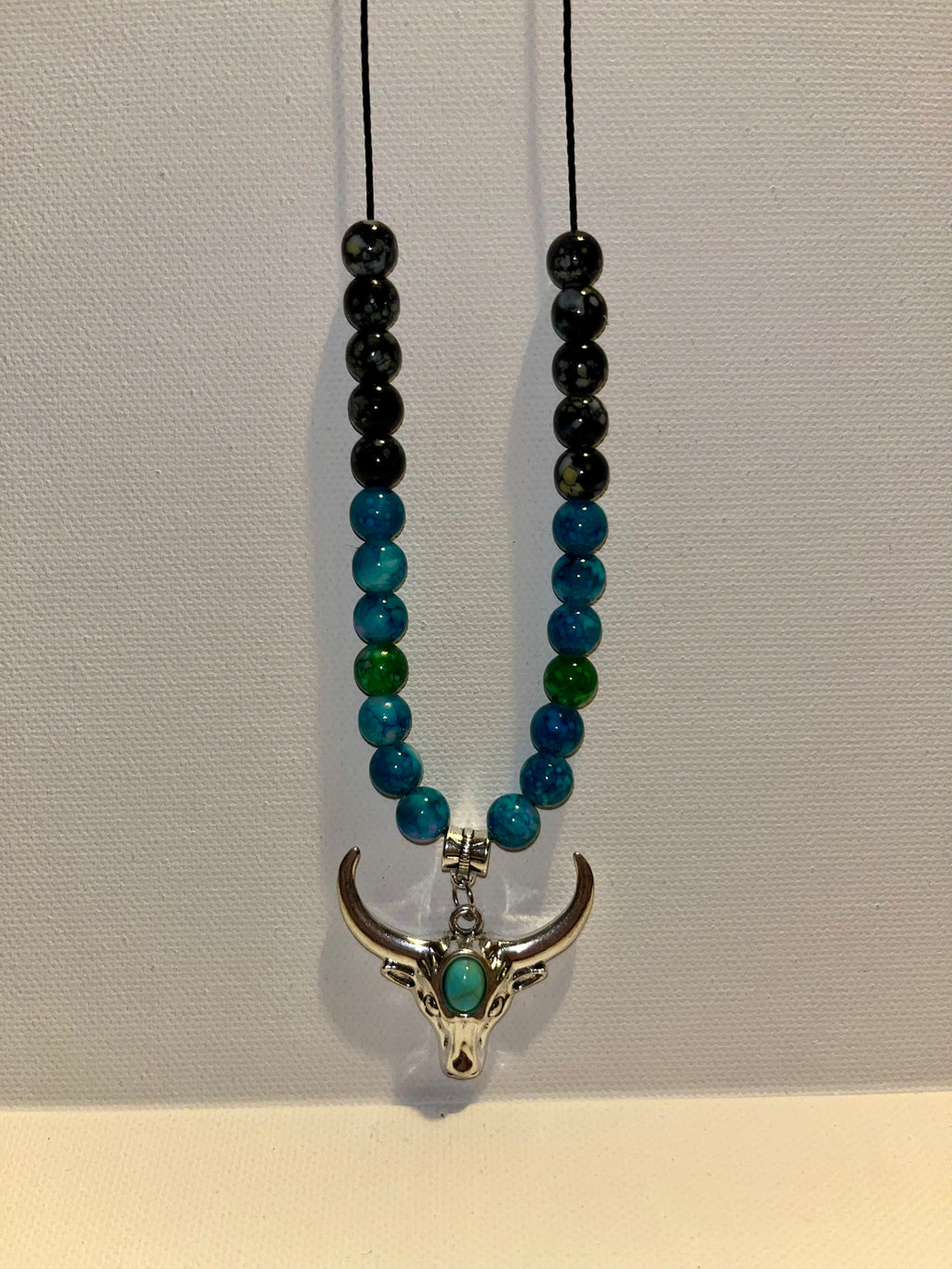 Bull Skull Pendant Beaded Necklace - Teal, Green, Blue & Black on Black Cord