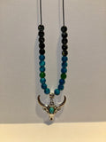 Bull Skull Pendant Beaded Necklace - Teal, Green, Blue & Black on Black Cord