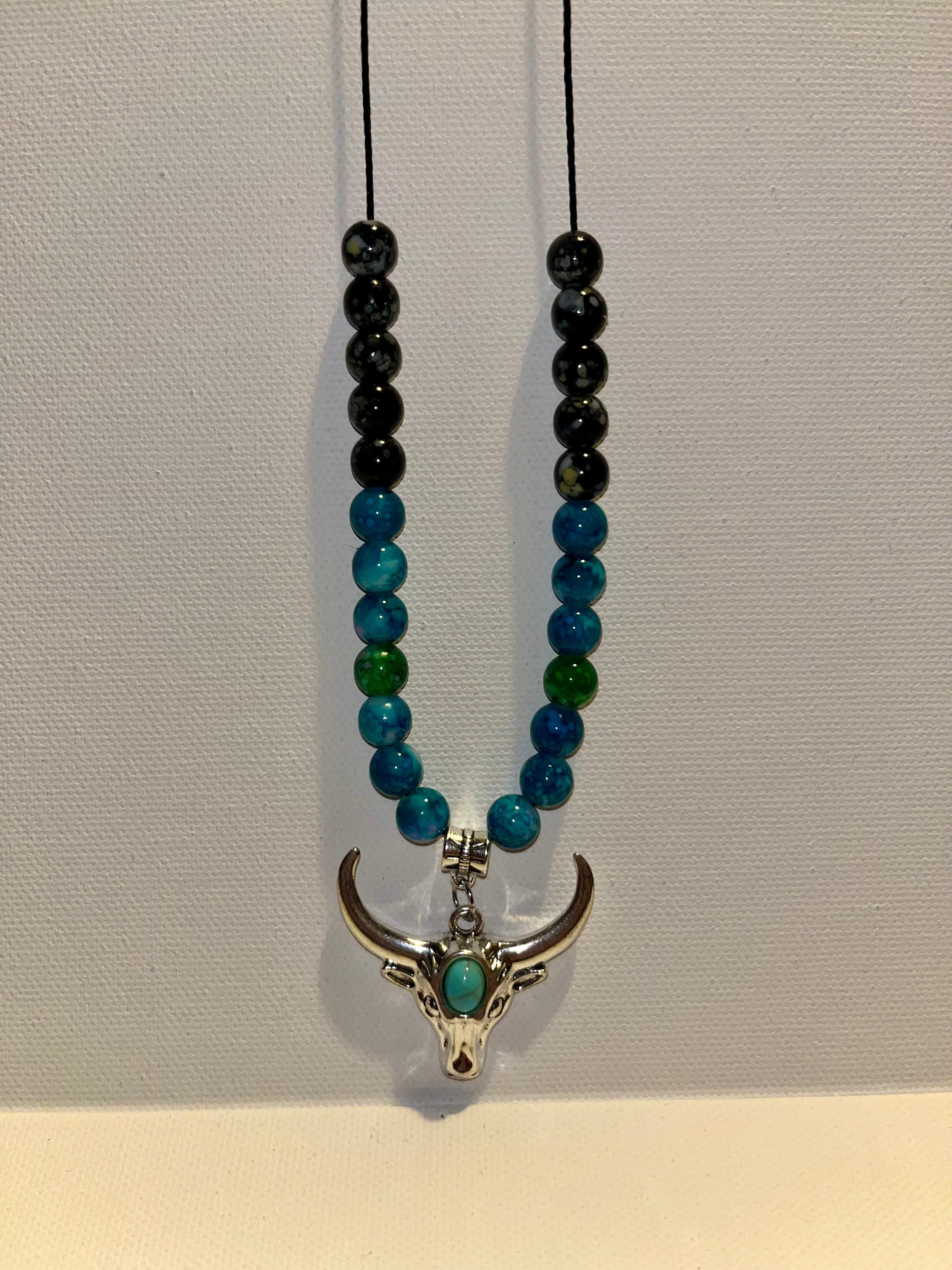 Bull Skull Pendant Beaded Necklace - Teal, Green, Blue & Black on Black Cord