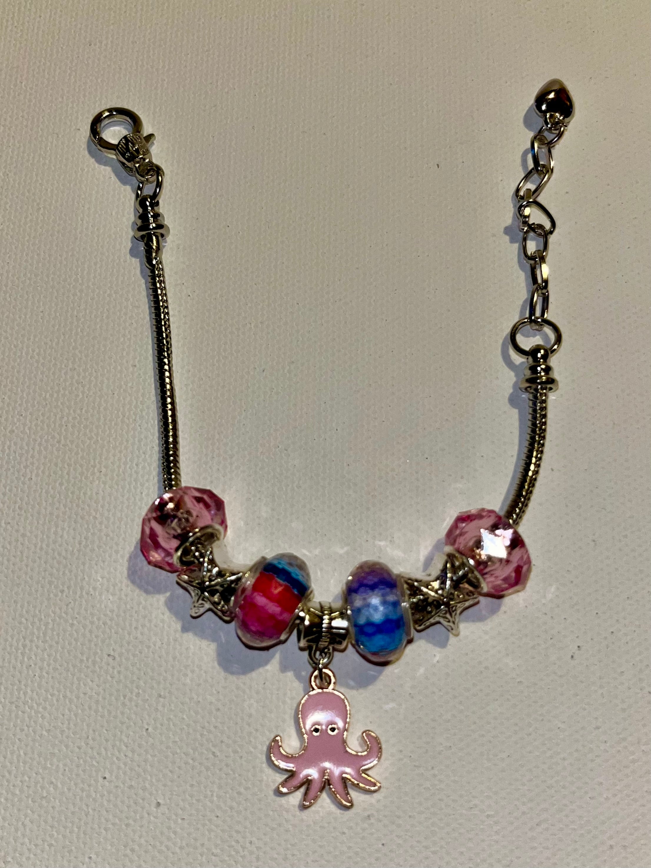 Silver Snake Chain Pink Octopus & Starfish Charm Bracelet w/Multi-Color Accents