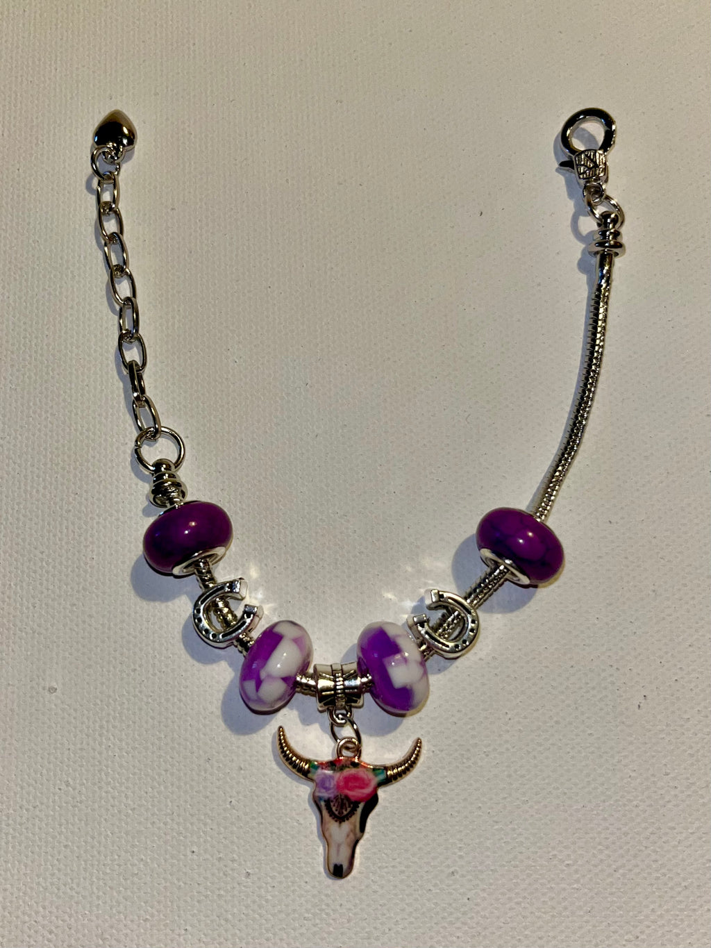 Silver Snake Chain Charm Bracelet w/Bull Skull, Horseshoes & Purple Glass Charms
