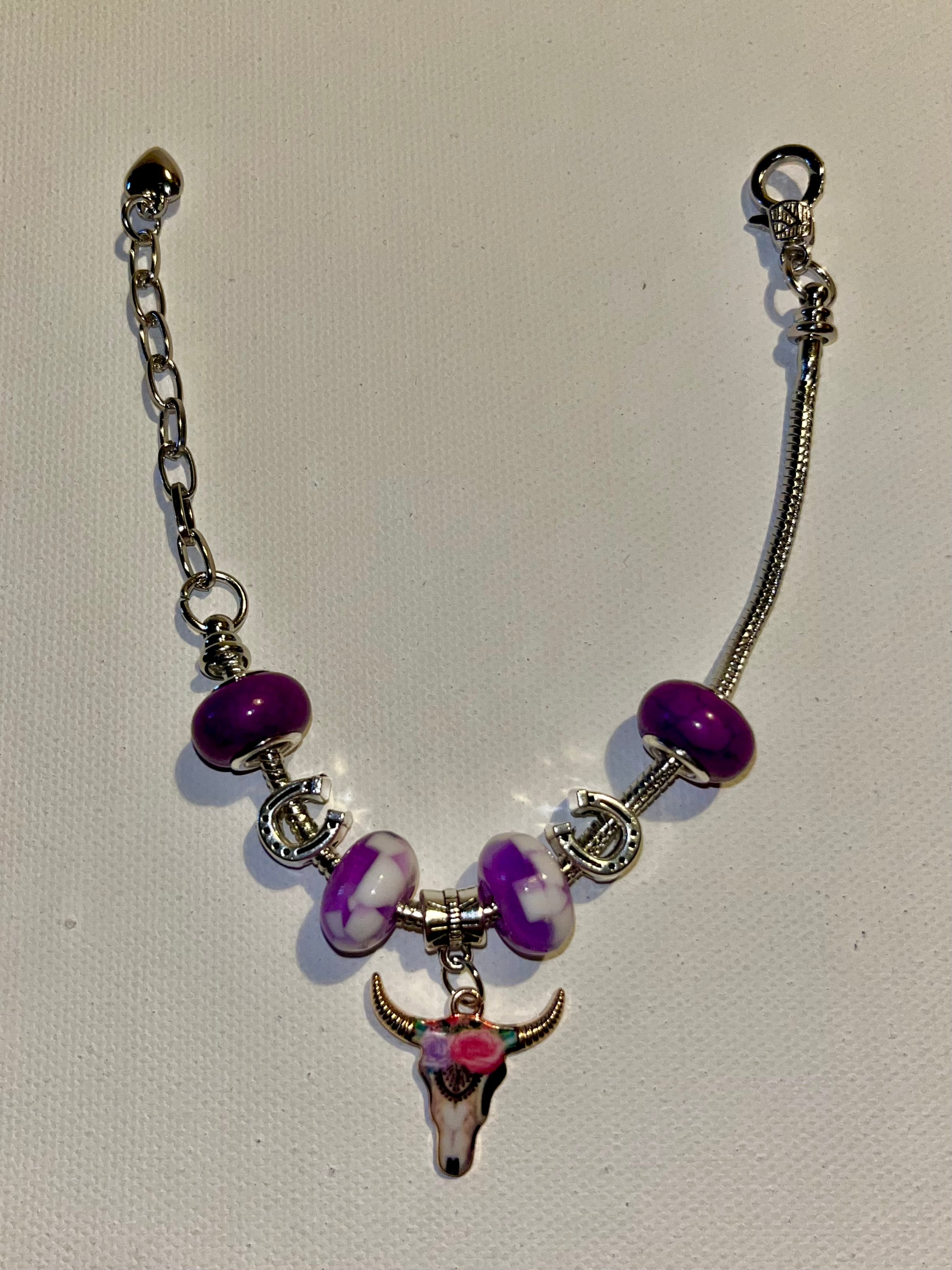 Silver Snake Chain Charm Bracelet w/Bull Skull, Horseshoes & Purple Glass Charms