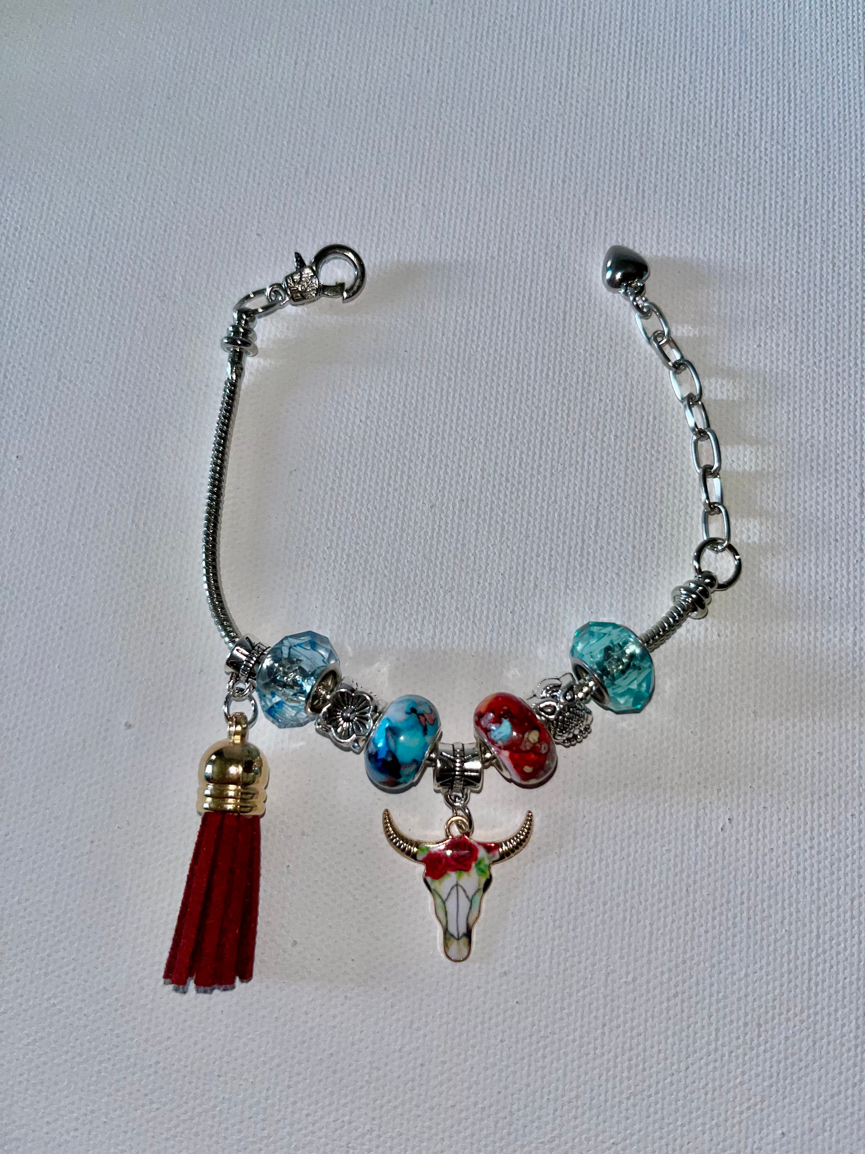 Silver Snake Chain Charm w/Steer Skull Pendant, Red Tassel and Turquoise Beads