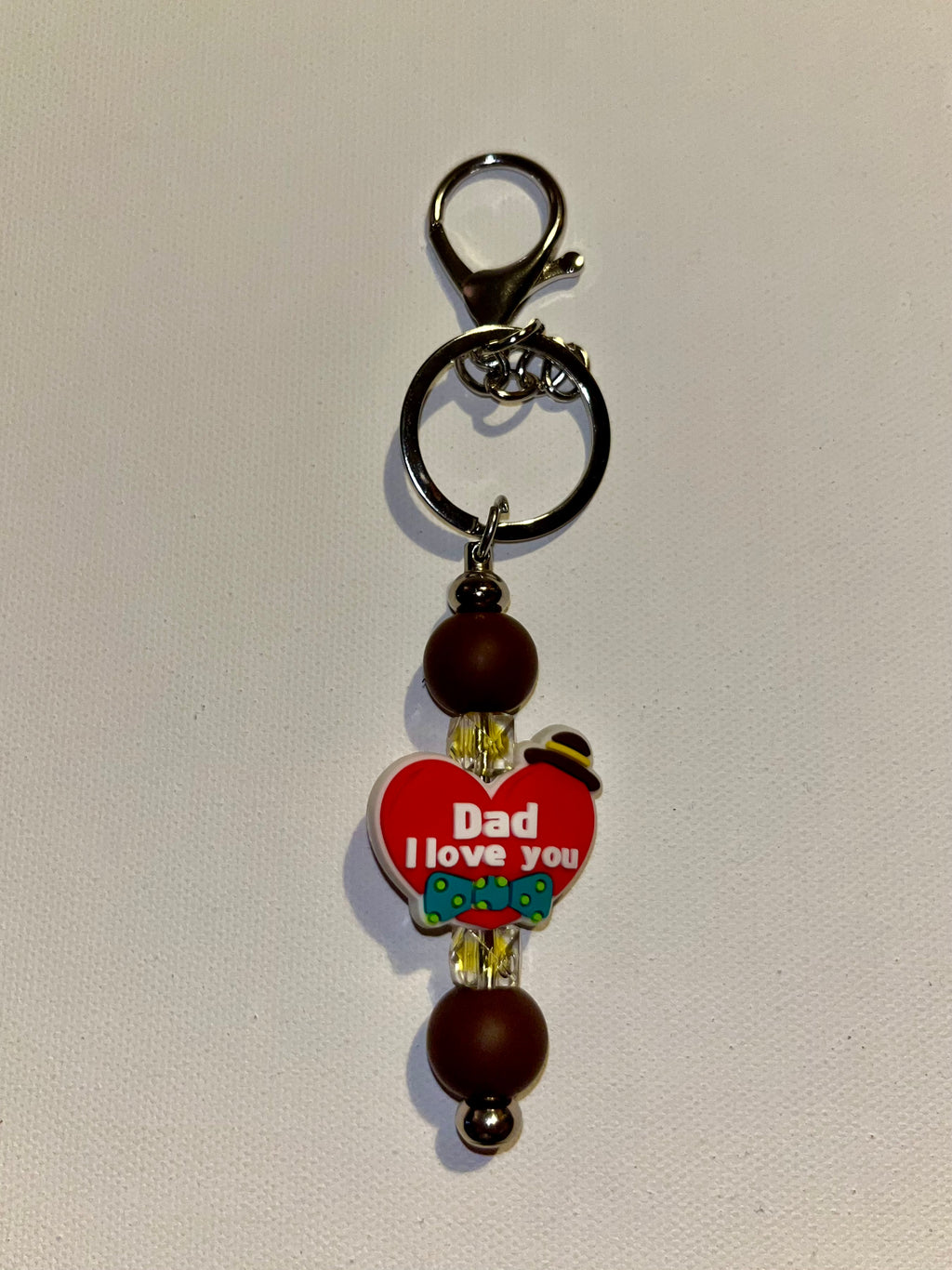 ‘Dad I Love You’ Red Heart w/Bowler Hat & Green Polka Dot Tie Charm Keychain