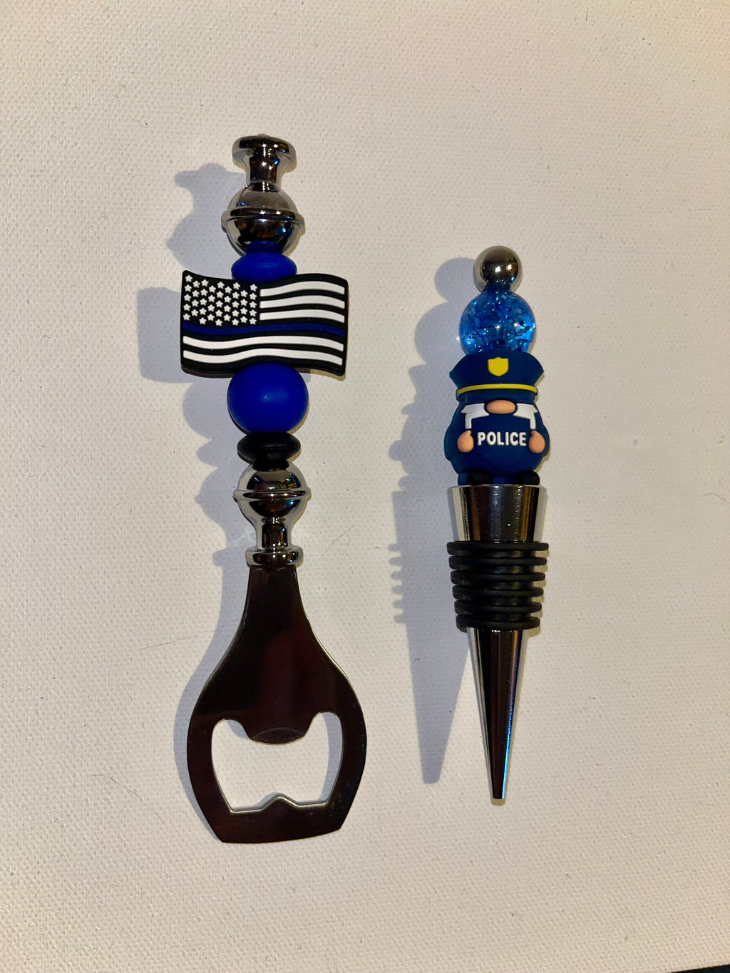 *SOLD* "Back the Blue" Police-Themed/Blue Line Wine Stopper and Bottle Opener Set