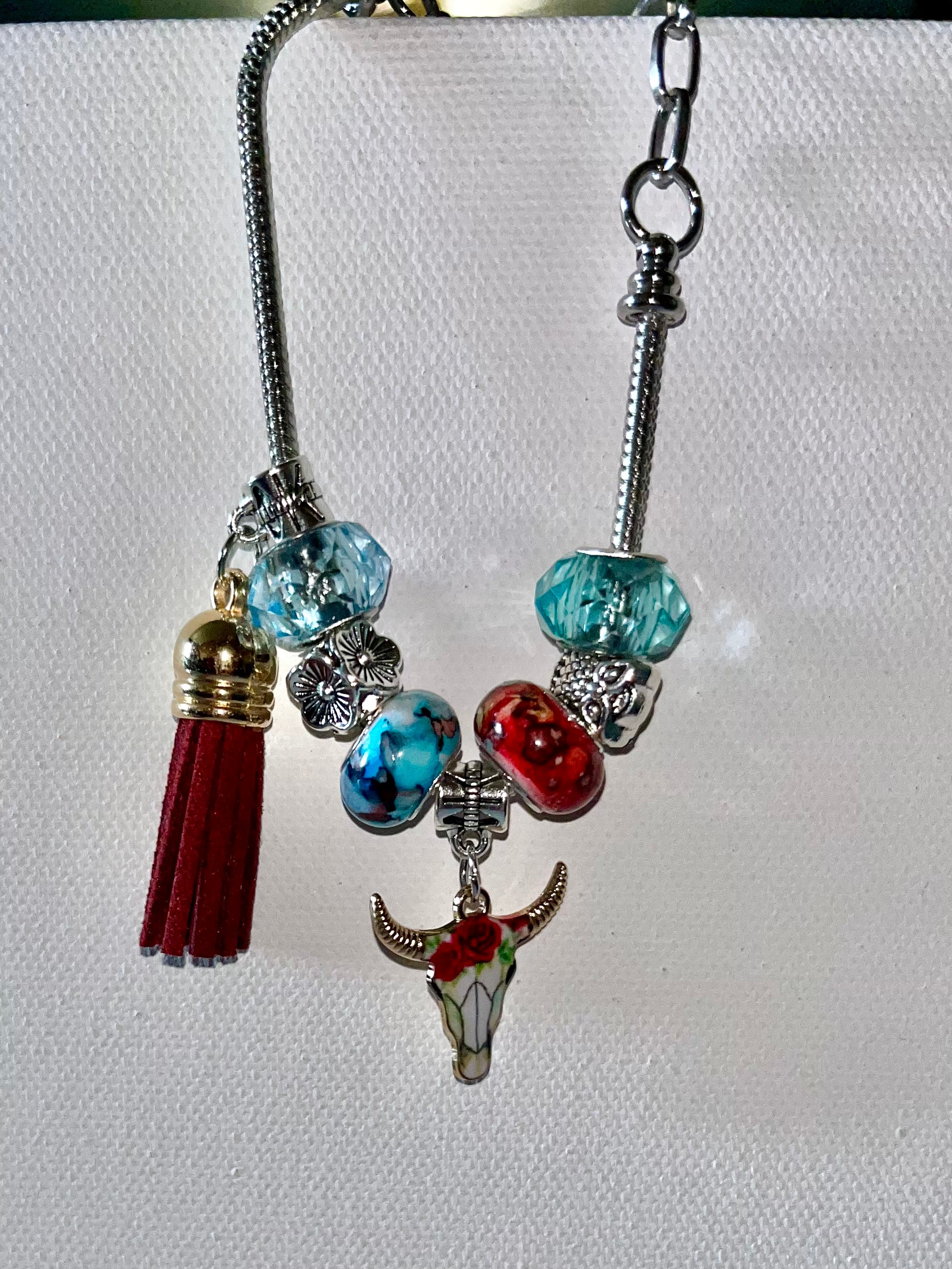 Silver Snake Chain Charm w/Steer Skull Pendant, Red Tassel and Turquoise Beads