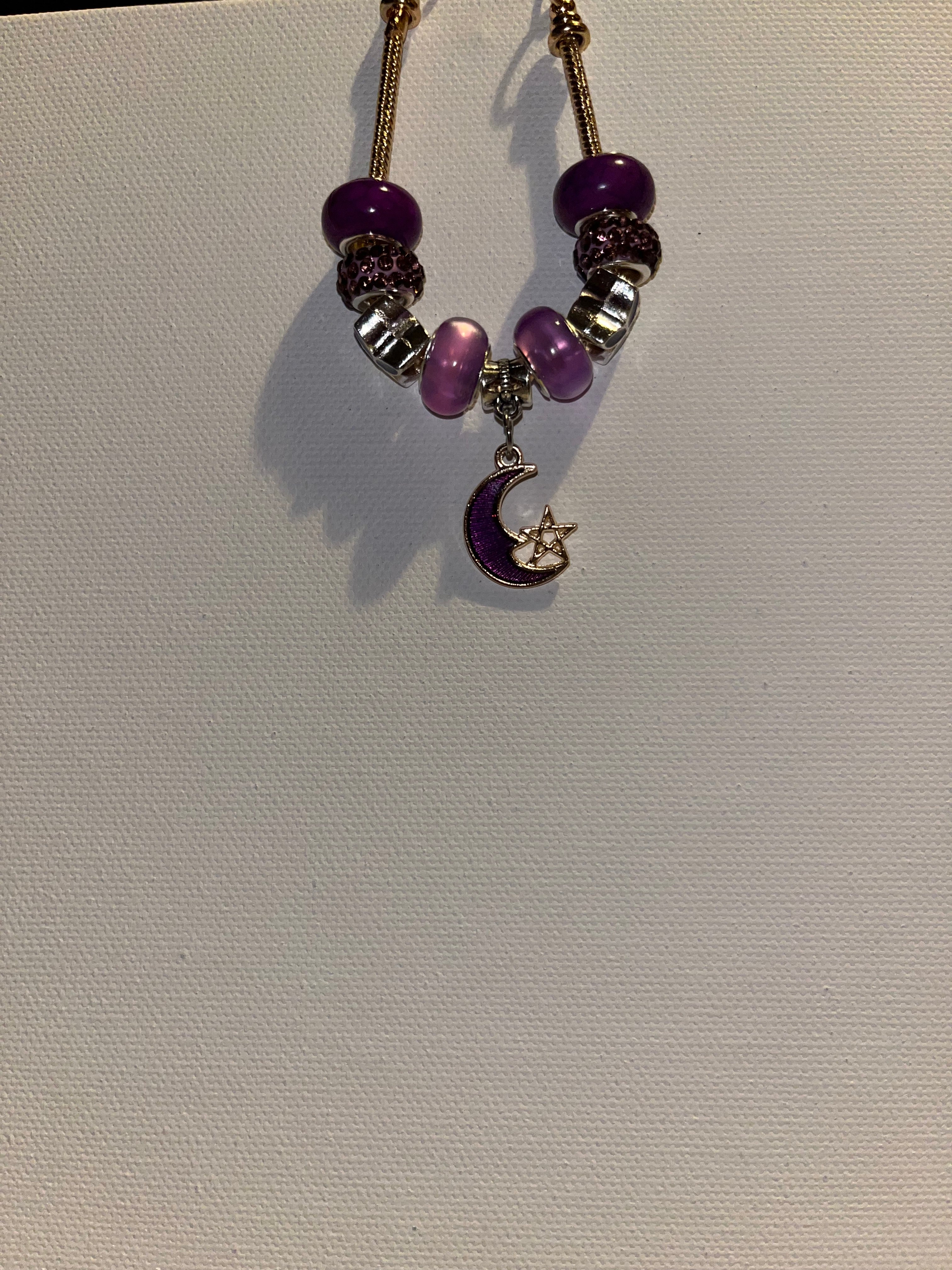 Gold-Tone Snake Chain Purple Moon & Star Charm Bracelet w/Silver & Rhinestone