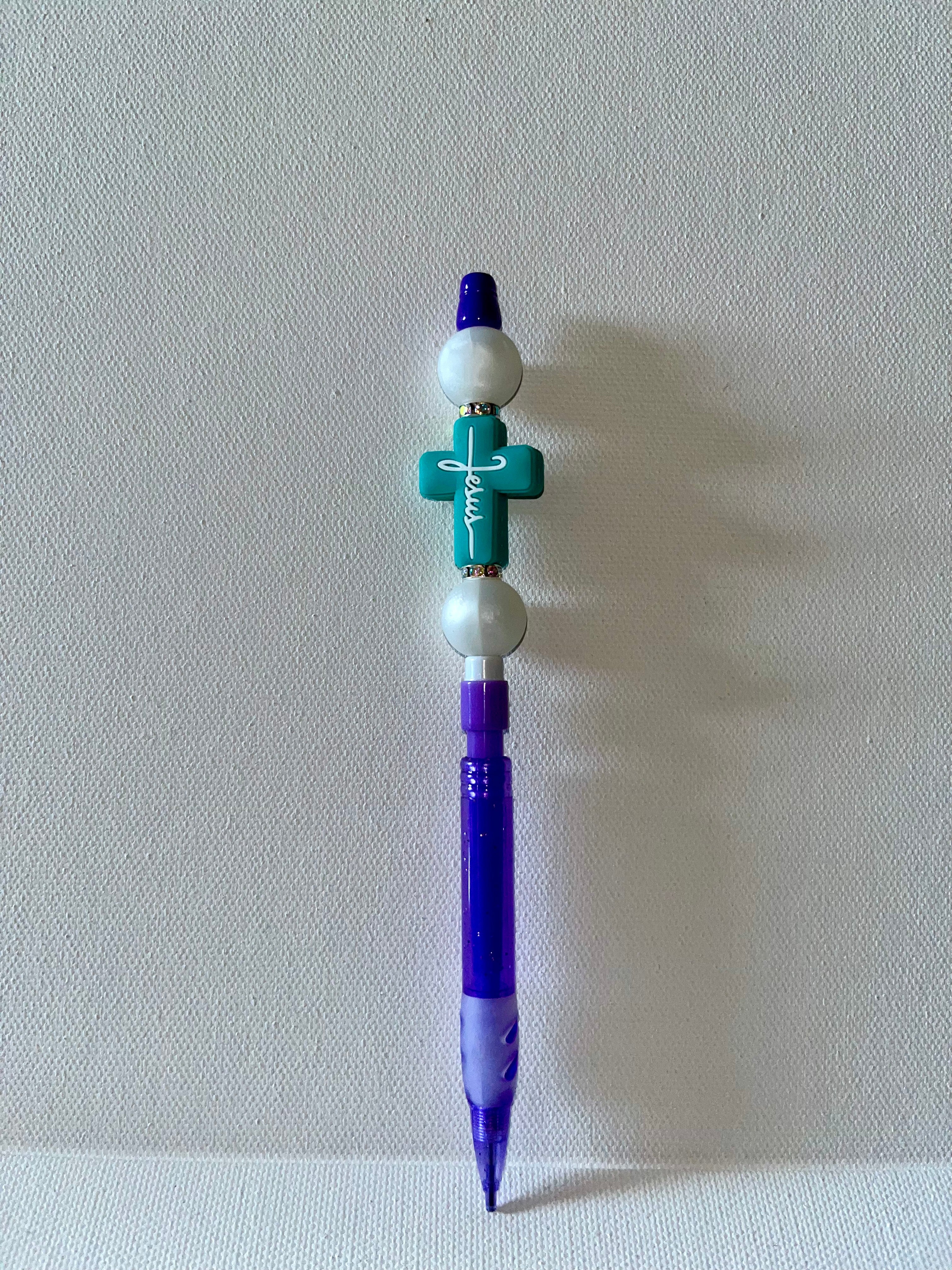 Purple Mechanical Pencil w/Turquoise “Jesus” Cross & Pearl & Rhinestone Accents