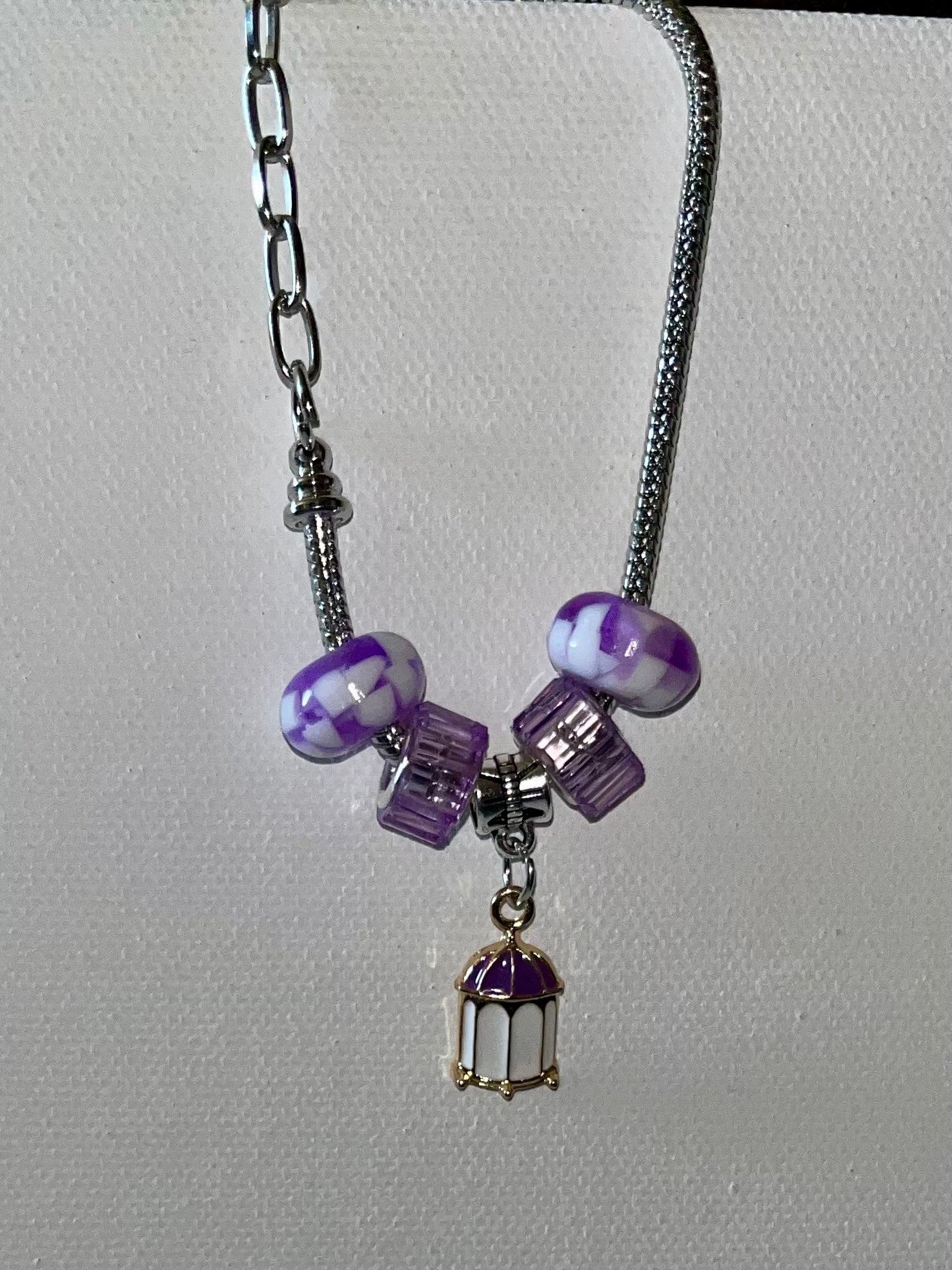 Purple & White Glass Bead Silver Snake Chain Bracelet w/Enamel Birdcage Charm