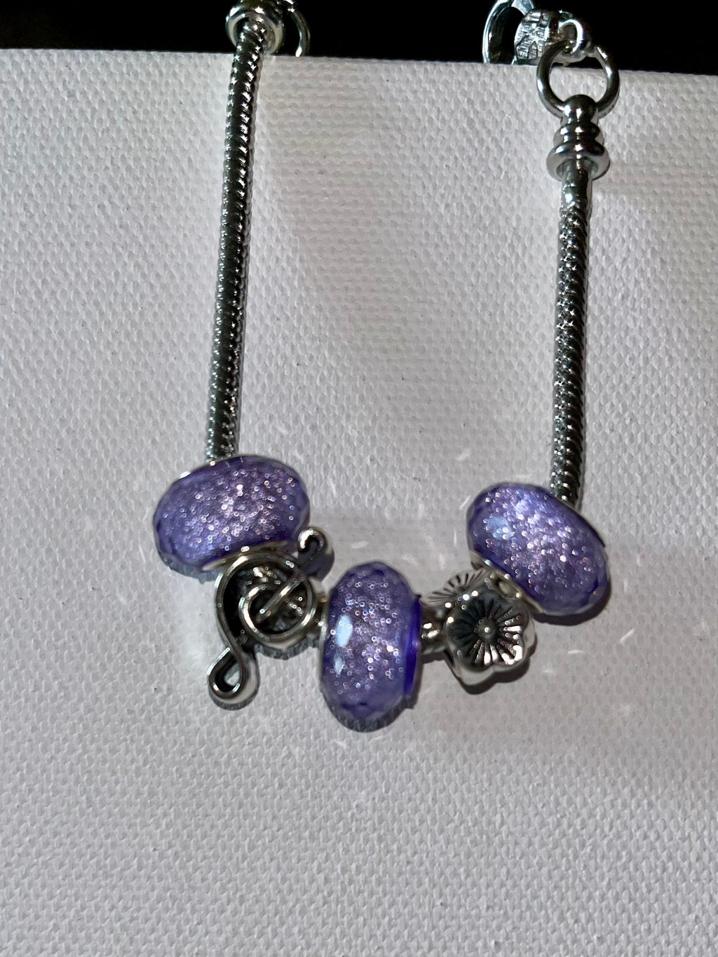 Silver Snake Chain Charm Bracelet w/Sparkly Lavender Accents & Silver Charms