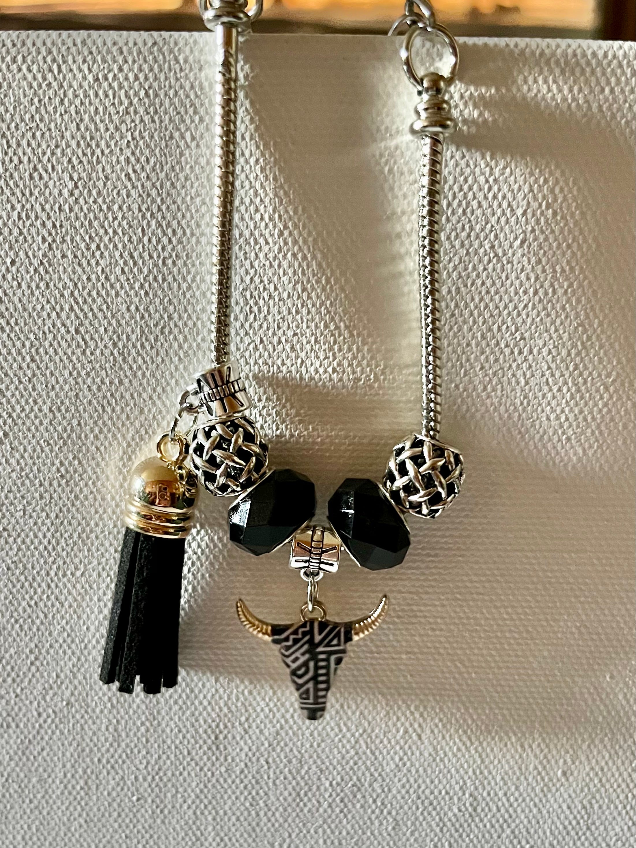 Silver Snake Charm Bracelet w/Black & Silver Beads, Gold Tassel & Bull Pendant