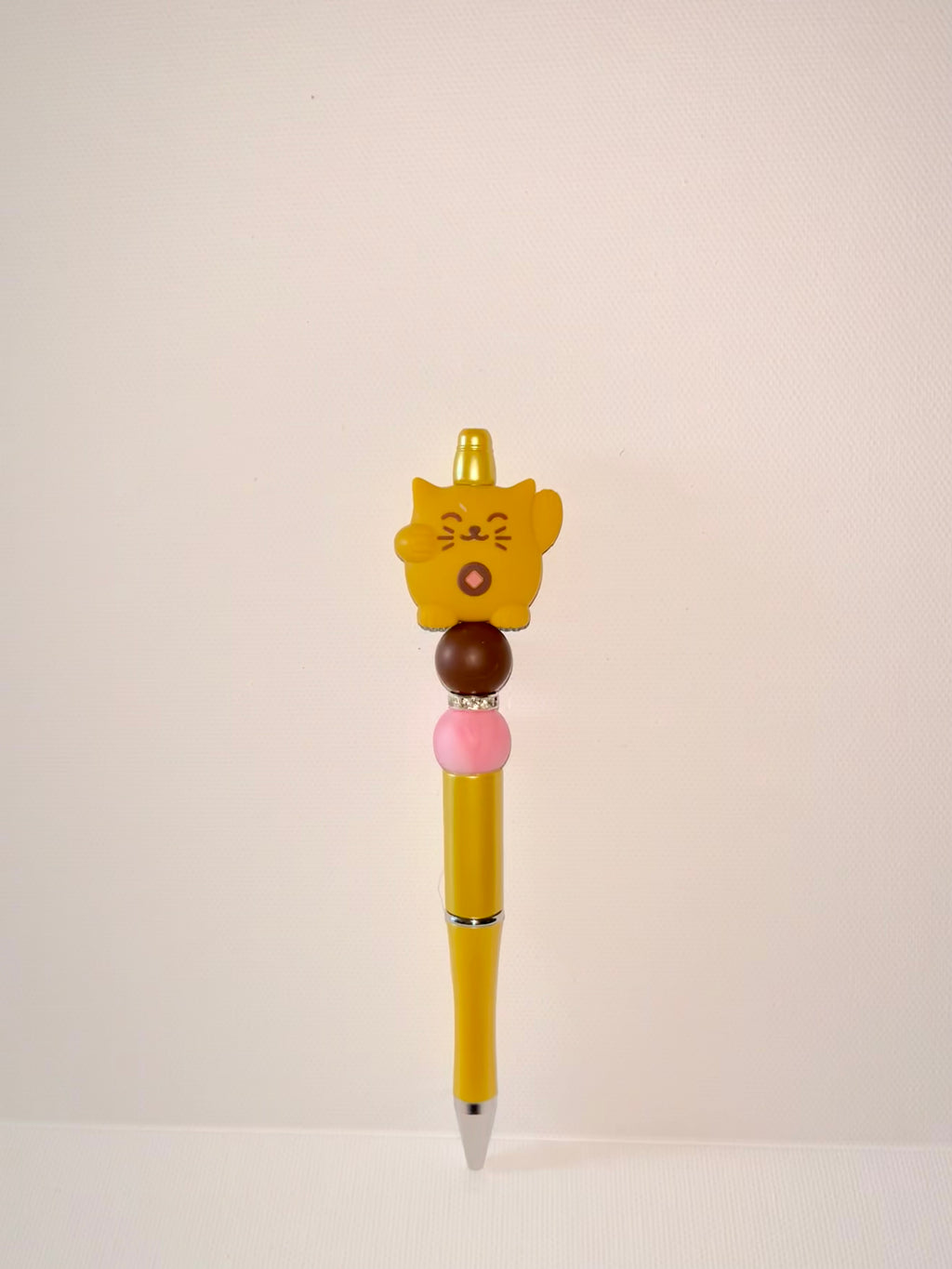 Yellow Cat-Topped Ballpoint Pen with Pink, Brown & Rhinestone Accents