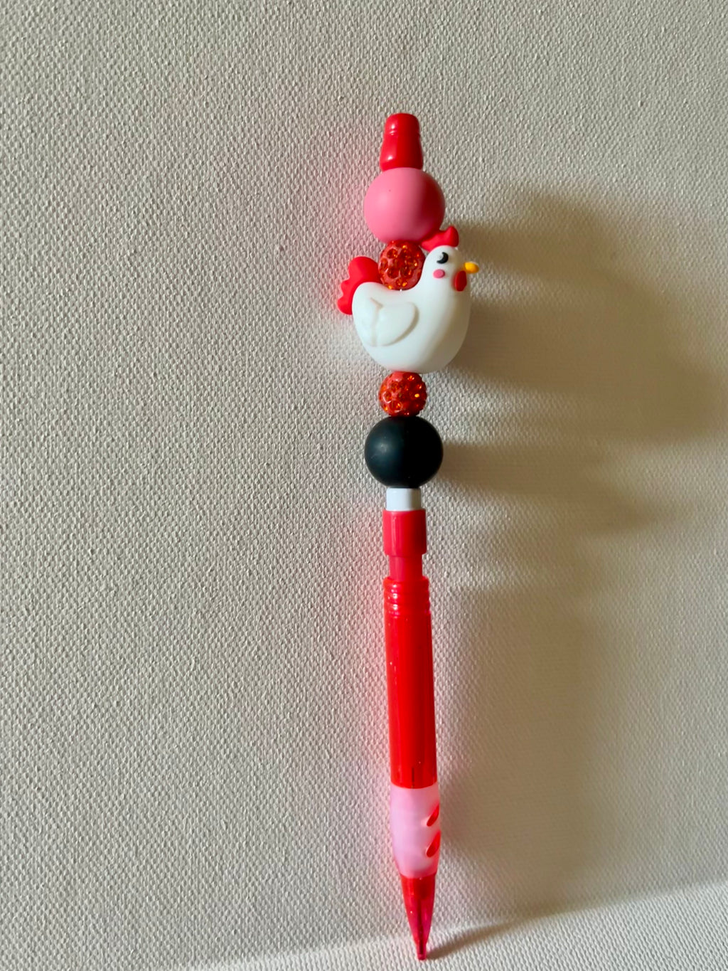 Red Mechanical Pencil w/Rooster Topper & Sparkly Red Rondelle Bead Accents