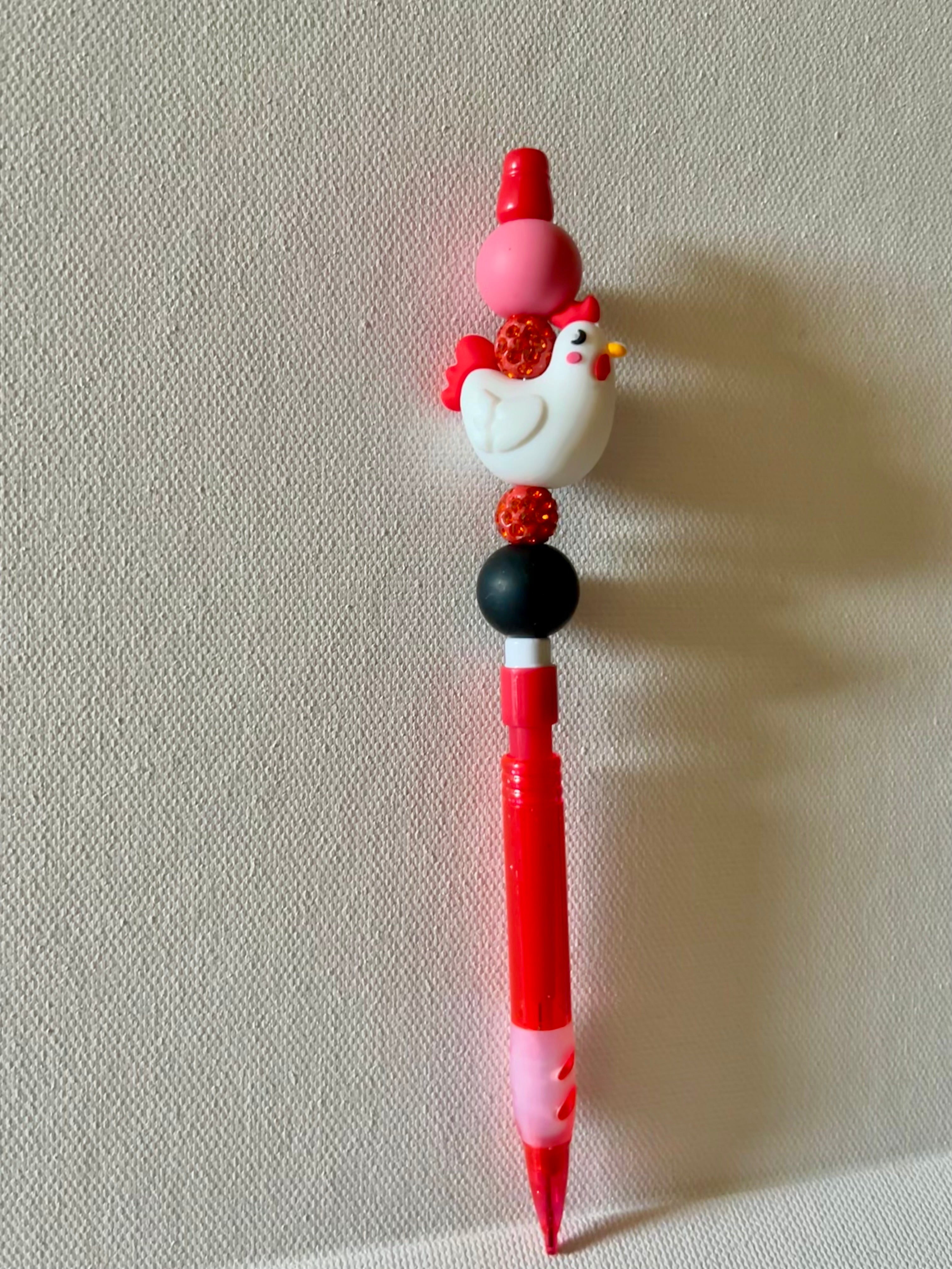 Red Mechanical Pencil w/Rooster Topper & Sparkly Red Rondelle Bead Accents