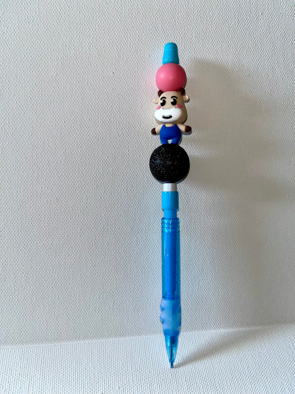 Glittery Blue Mechanical Pencil w/Cow, Black Sparkly Sphere & Pink Accent Beads