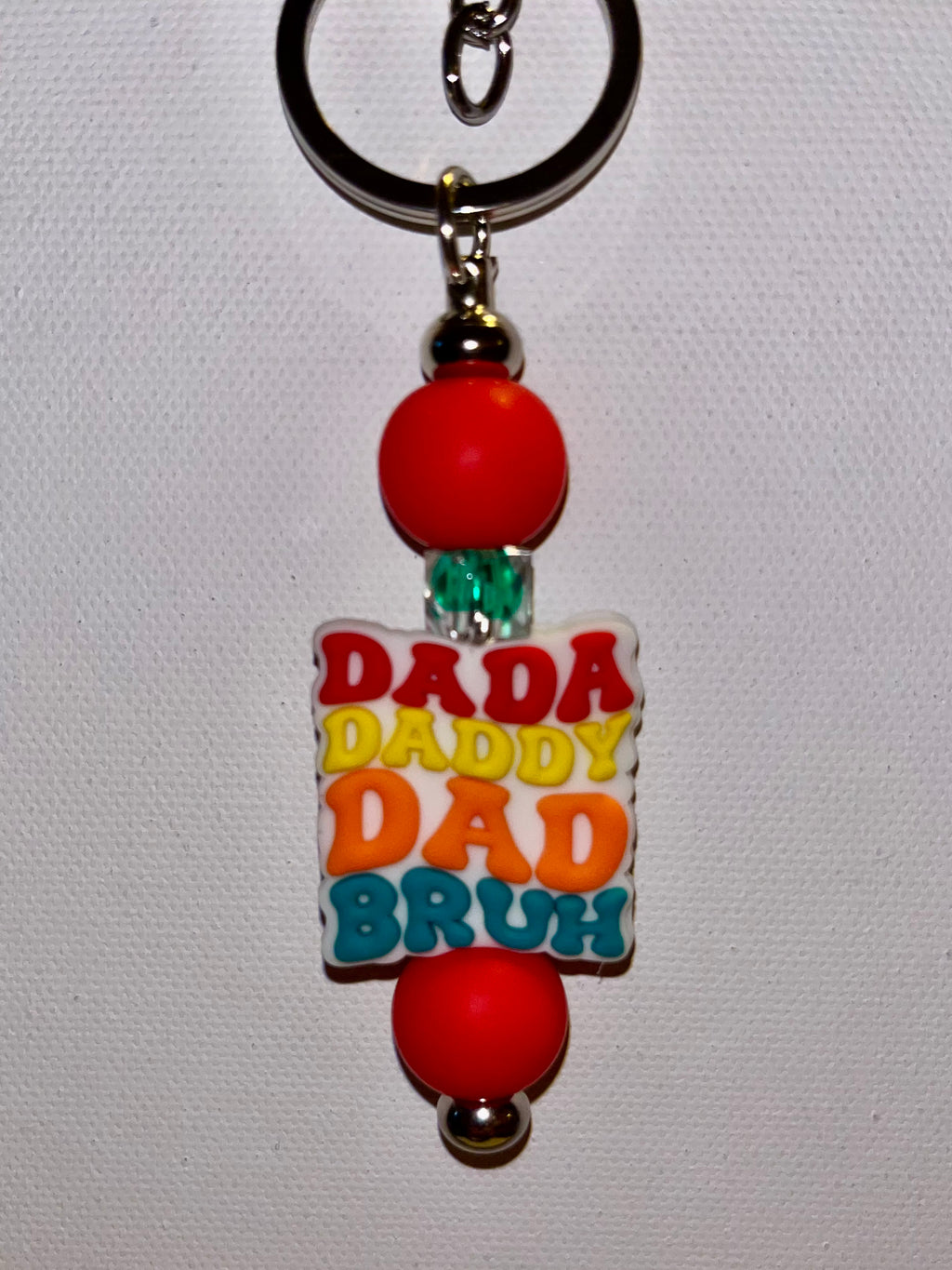Multicolor 'DADA DADDY DAD BRUH' Beaded w/Green Faceted Beaded Keychain